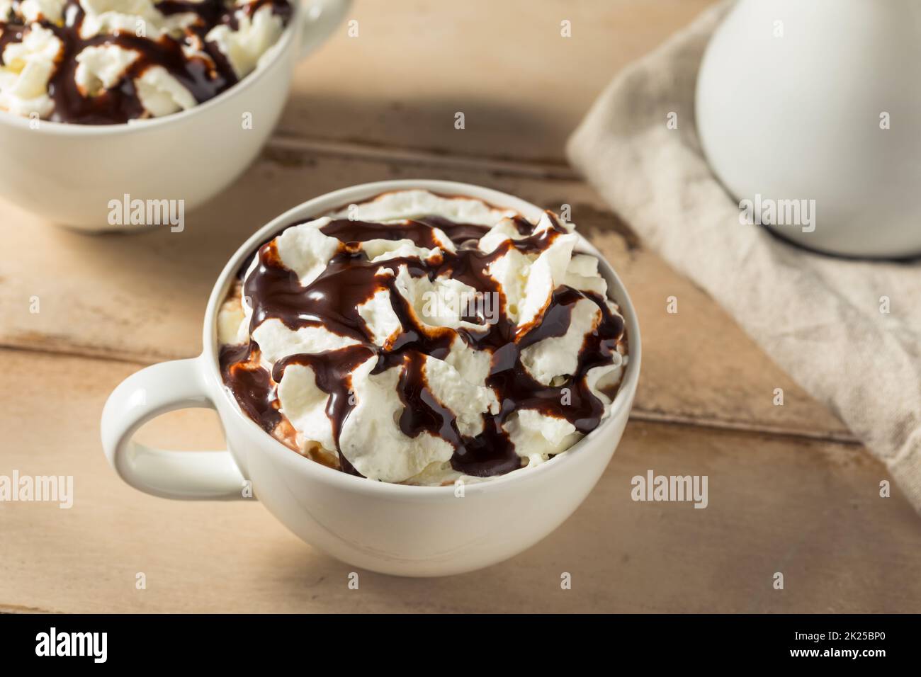 Warm Sweet Hot Mocha Coffee With Whipped Cream and Chocolate Stock Photo