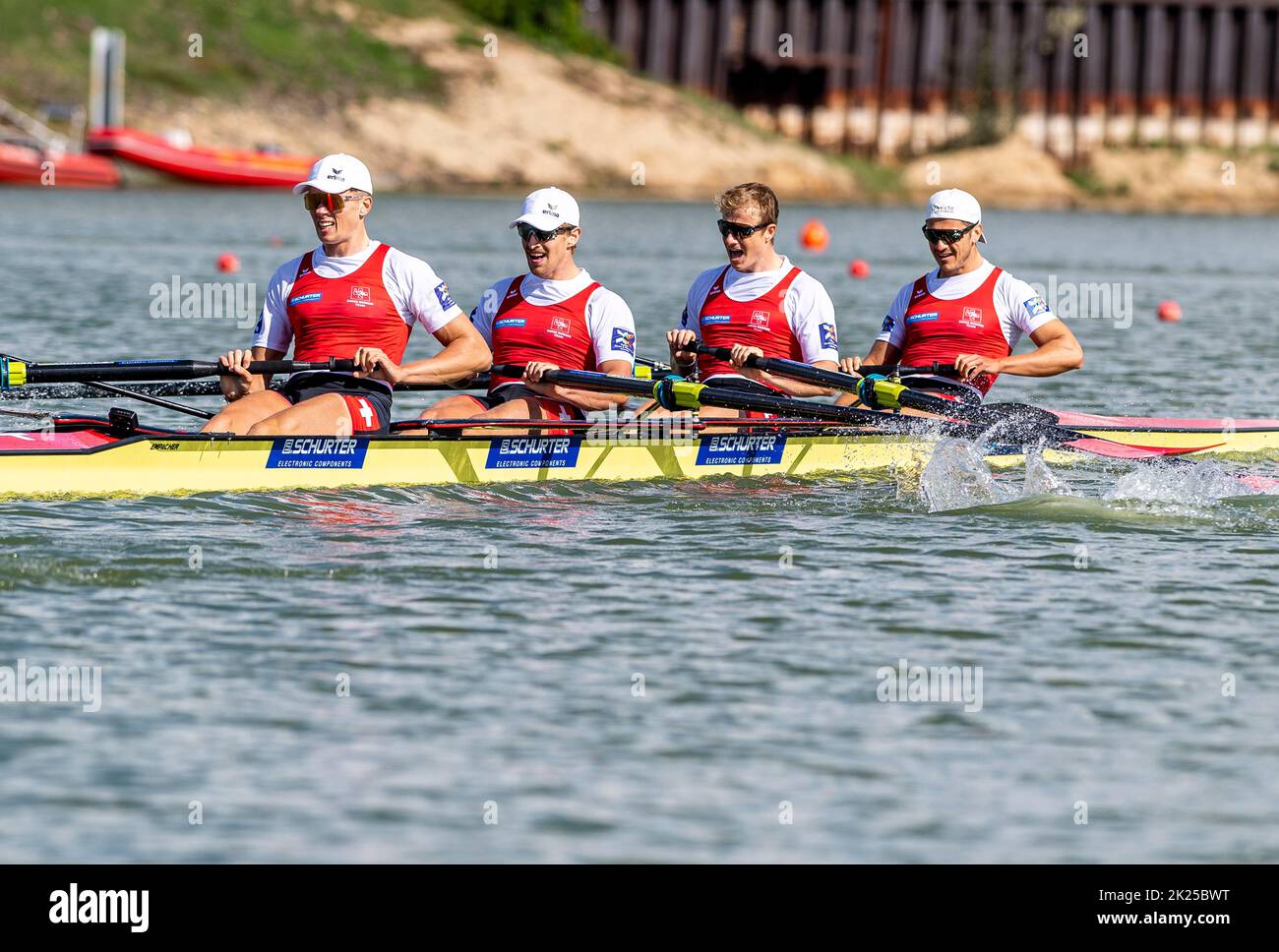 Racice, Czech Republic. 22nd Sep, 2022. Roman Roeoesli, Joel Schuerch, Andrin Gulich, Tim Roth of Switzerland competing during Day 5 of the 2022 World Rowing Championships, Men's Four Semifinal C/D 2 at the Labe Arena Racice on September 22, 2022 in Racice, Czech Republic. Credit: Ondrej Hajek/CTK Photo/Alamy Live News Stock Photo