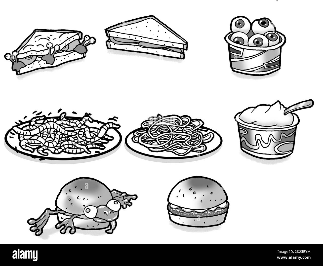 Black & white art, showing a selection of creepy, fictional, Halloween food, children's educational activity pages, colouring in, monster party menus. Stock Photo