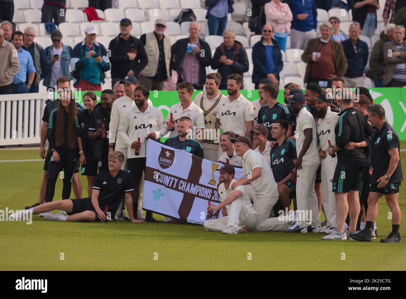 22 September, 2022. London, UK. The Surrey squad celebrates winning the County Championship title after beating Yorkshire at the Kia Oval, day three David Rowe/Alamy Live News Stock Photo
