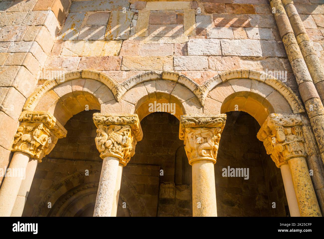 Romanesque portico. San Julian and Santa Basilisa church, Rebolledo de la Torre, Burgos province, Castilla Leon, Spain. Stock Photo