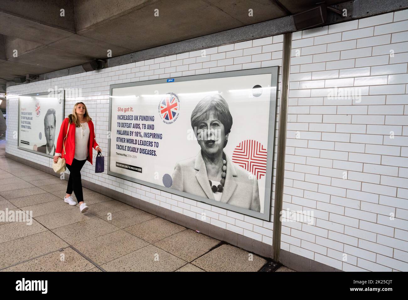 London UK. 22 September 2022.  Former Conservative PM Theresa May. A poster on the London Underground  by One Global Campaign to highlight the impact British Prime Ministers have had on global health to combat infectious diseases  Credit: amer ghazzal/Alamy Live News. Stock Photo