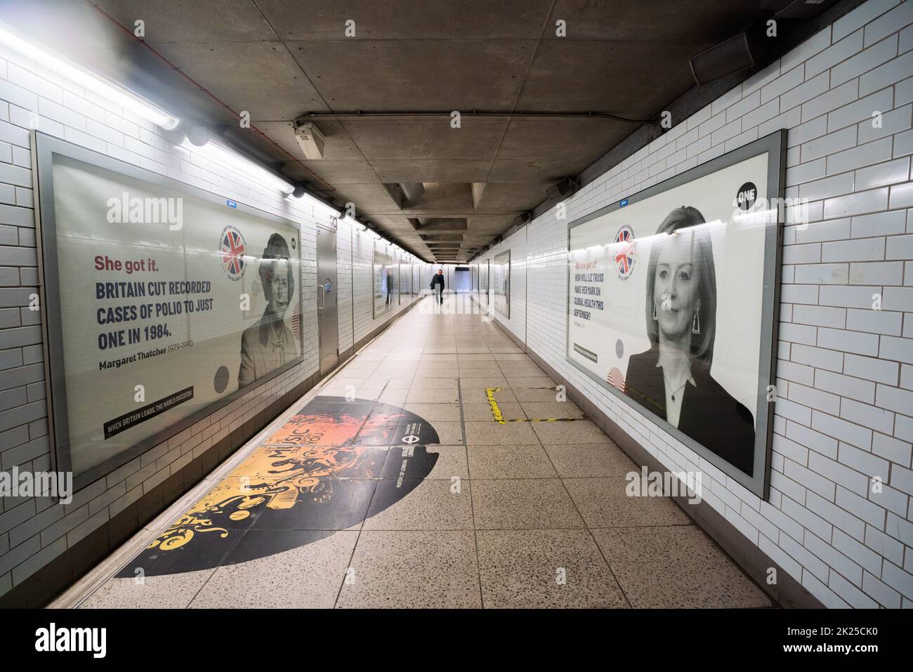 London UK. 22 September 2022.  Former and Current Conservative PM Margaret Thatcher and Liz Truss. A poster on the London Underground  by One Global Campaign to highlight the impact British Prime Ministers have had on global health to combat infectious diseases  Credit: amer ghazzal/Alamy Live News. Stock Photo