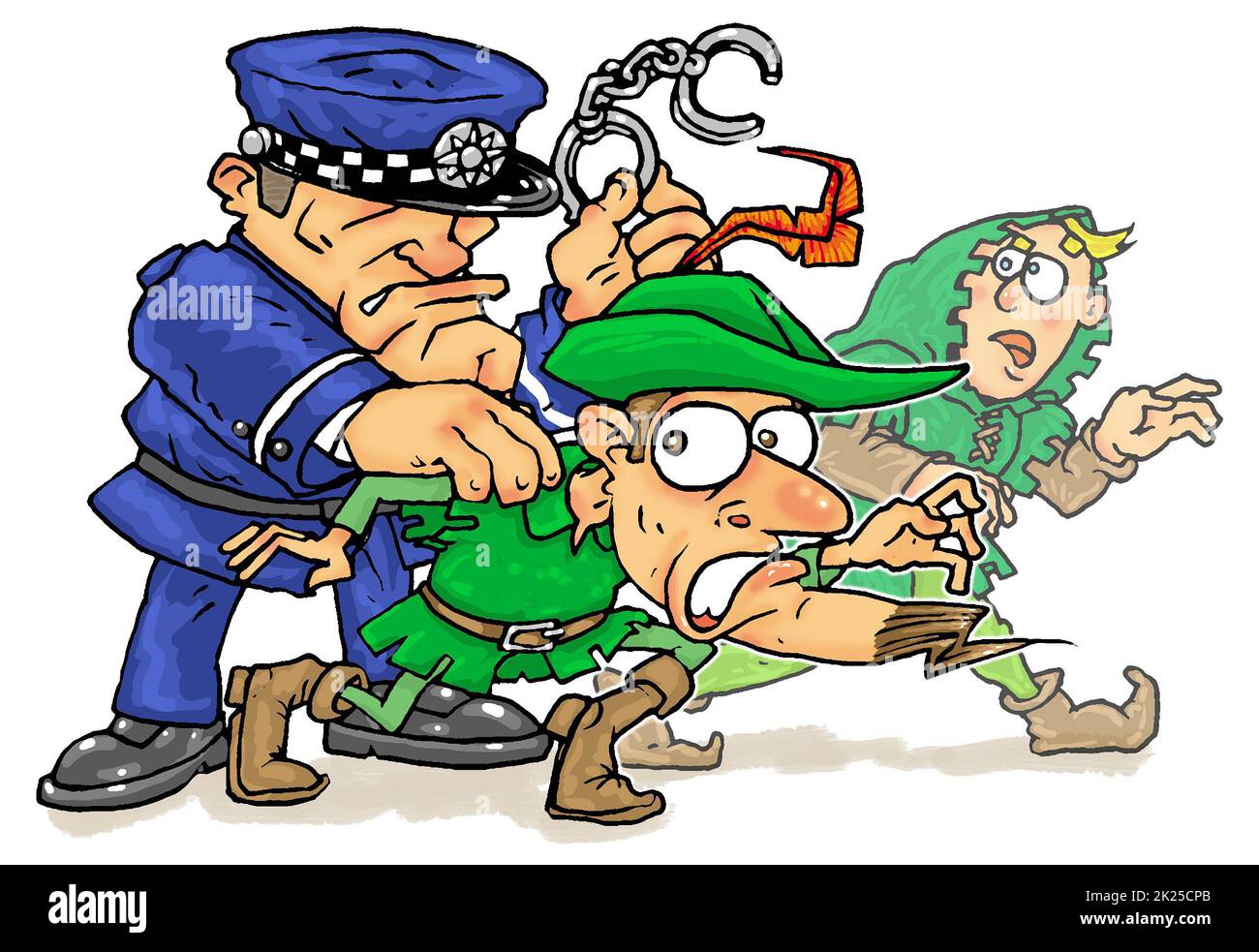 Cartoon art, man dressed as Robin Hood being arrested by a police man, illustrating the theme of morals, crime and punishment, the long arm or the law Stock Photo