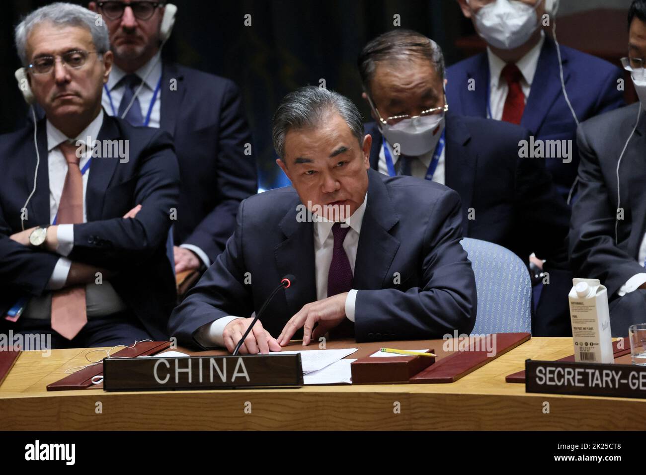 China's Foreign Minister Wang Yi speaks during a high level meeting of the United Nations Security Council on the situation amid Russia's invasion of Ukraine, at the 77th Session of the United Nations General Assembly at U.N. Headquarters in New York City, U.S., September 22, 2022. REUTERS/Brendan McDermid Stock Photo