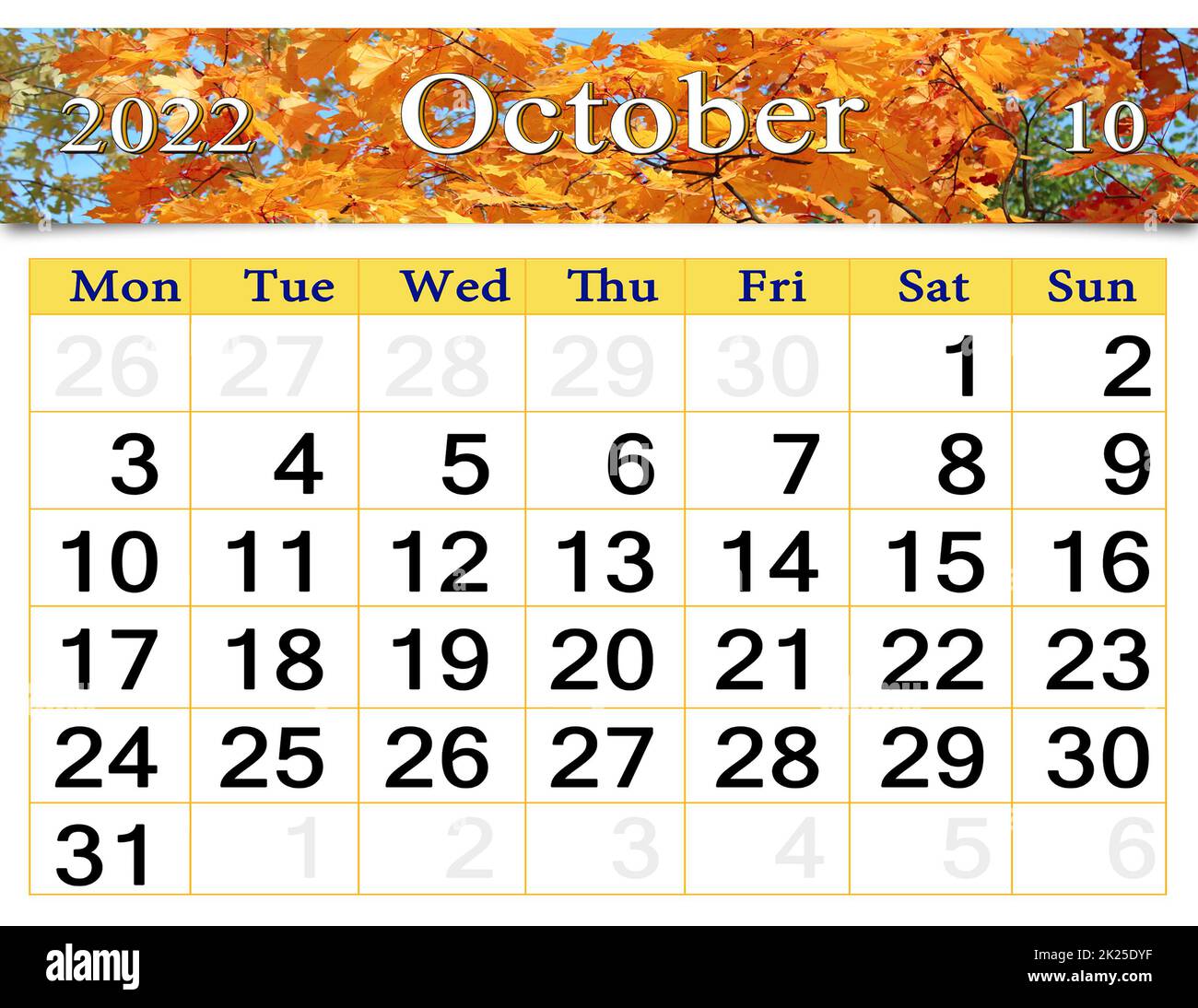 october 2022 calendar for organizer to plan and reminder on nature background Stock Photo