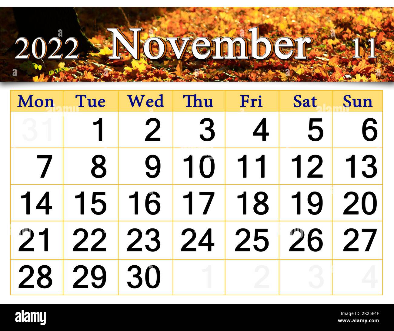 calendar for November 2022 with autumn park with trees in yellow color Stock Photo