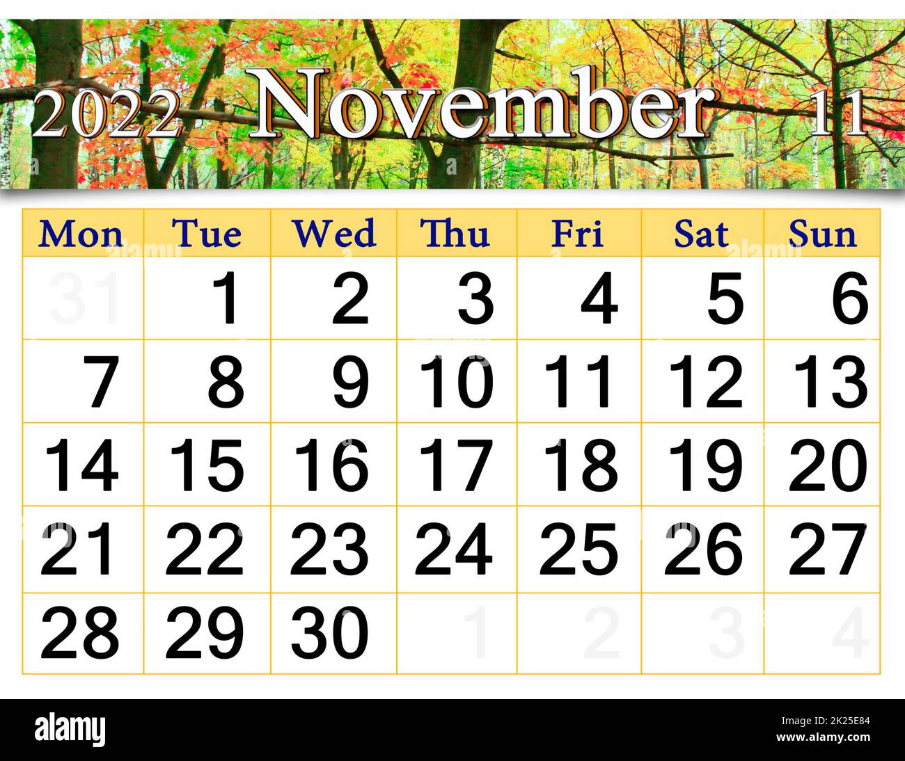 calendar for November 2022 with autumn park with trees in yellow color Stock Photo