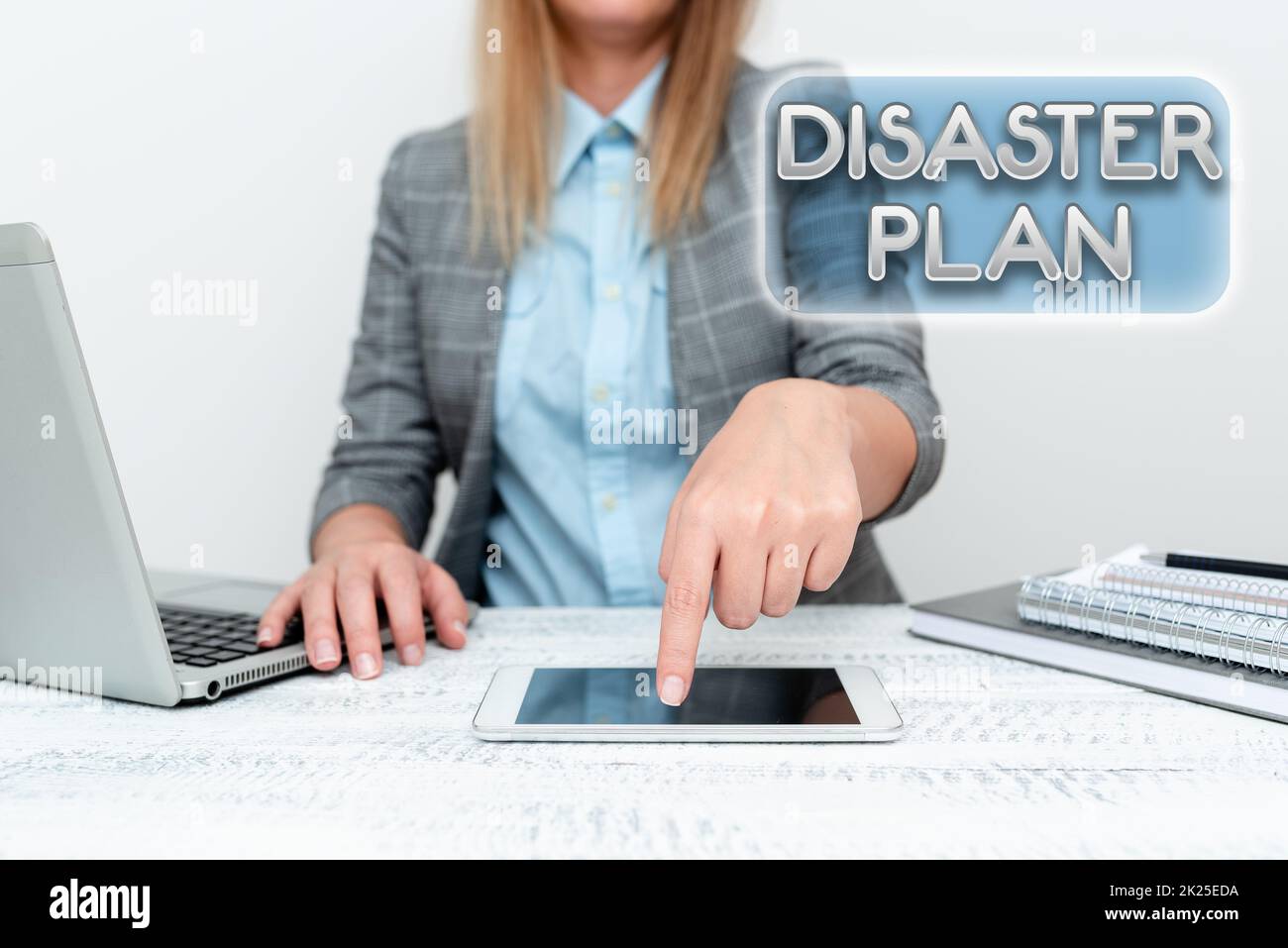 Text caption presenting Disaster Plan. Concept meaning Respond to Emergency Preparedness Survival and First Aid Kit Architect Interviewing Client, Reporther Gathering Important Informations Stock Photo
