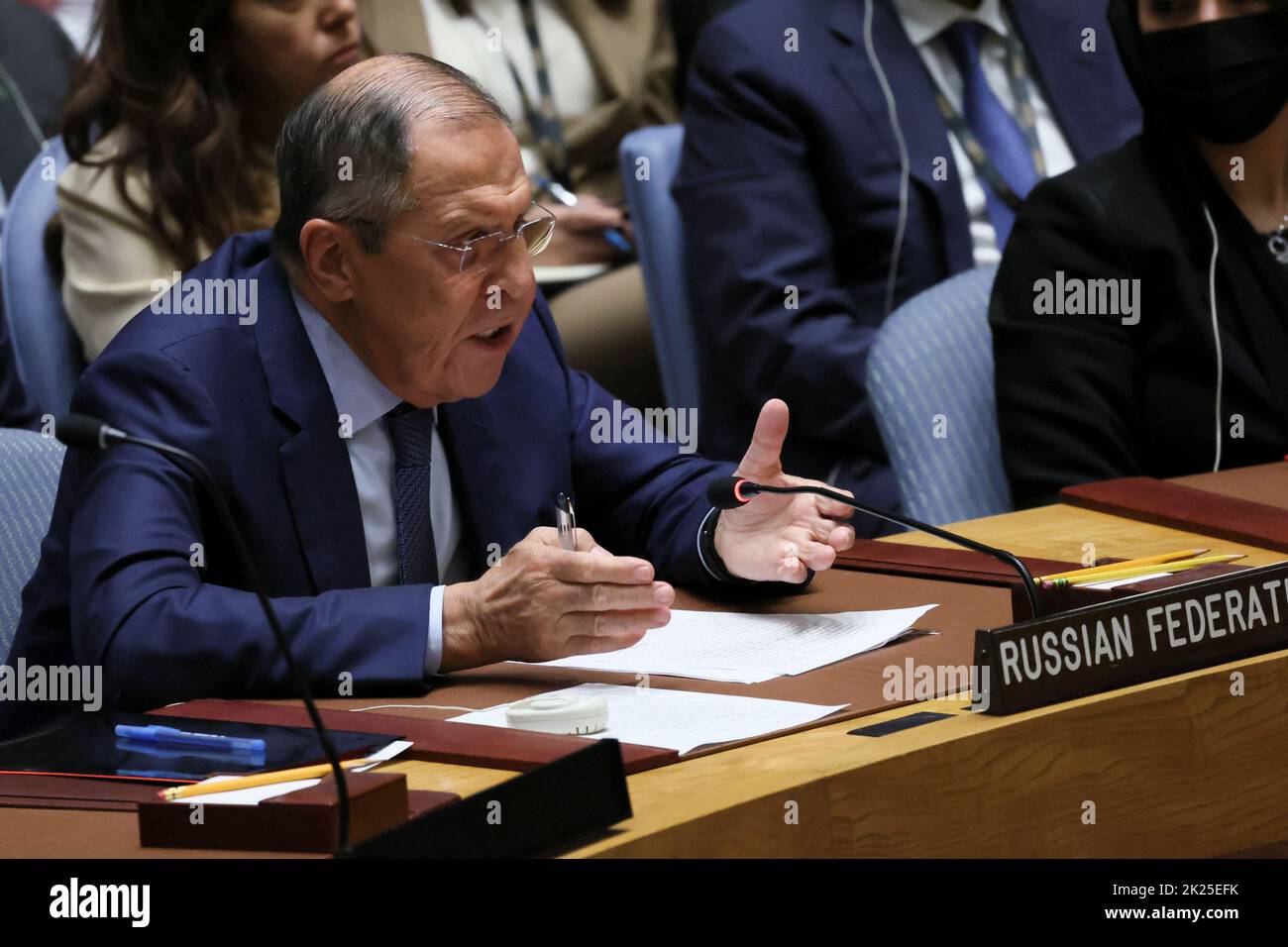 Russia's Foreign Minister Sergei Lavrov speaks during a high level meeting of the United Nations Security Council on the situation amid Russia's invasion of Ukraine, at the 77th Session of the United Nations General Assembly at U.N. Headquarters in New York City, U.S., September 22, 2022. REUTERS/Brendan McDermid Stock Photo