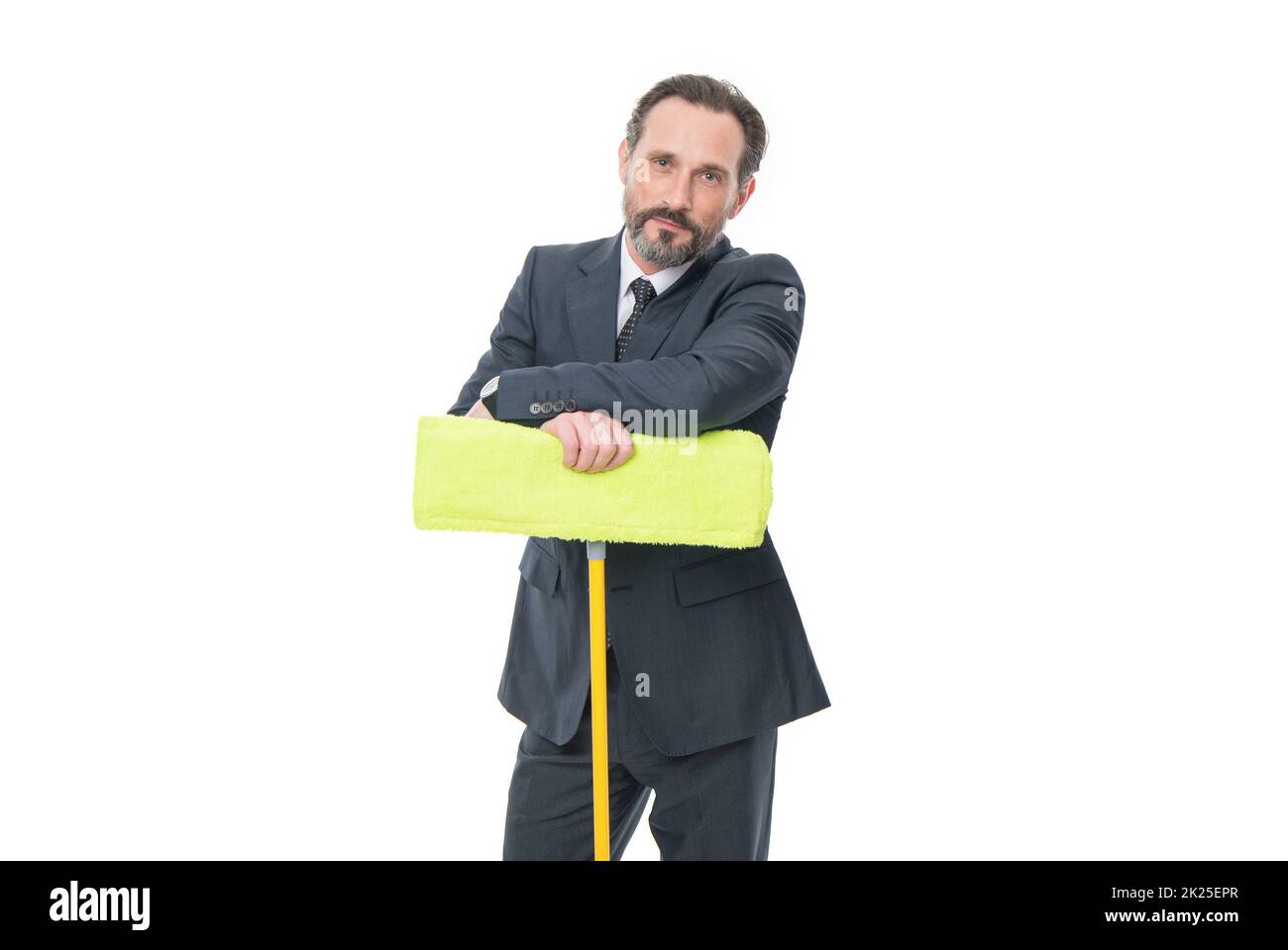 Professional man standing with cleaning mop isolated on white. Businessman running cleaning company Stock Photo