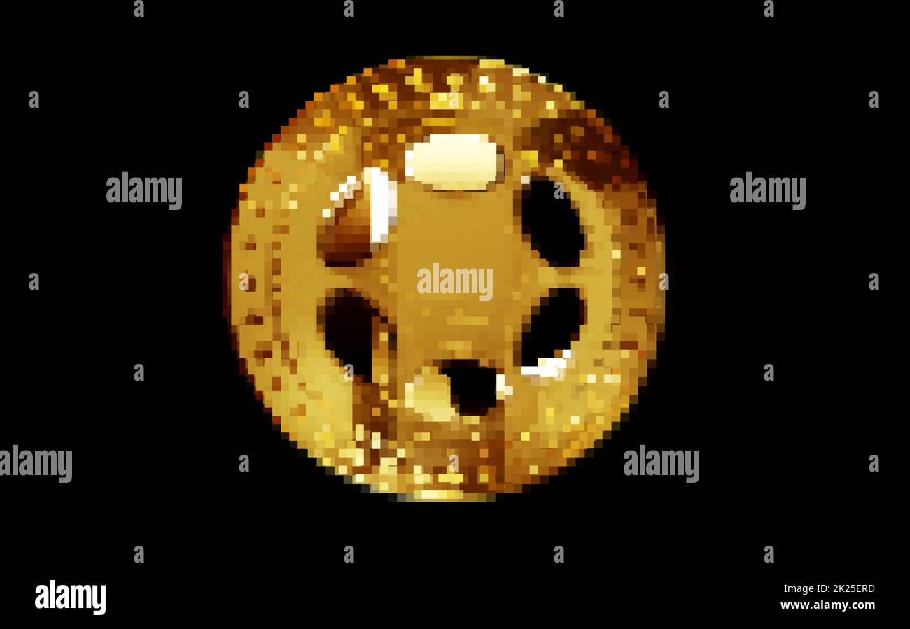 Polkadot DOT cryptocurrency gold coin in retro pixel mosaic 80s style. Rotating golden metal abstract concept 3D illustration. Stock Photo
