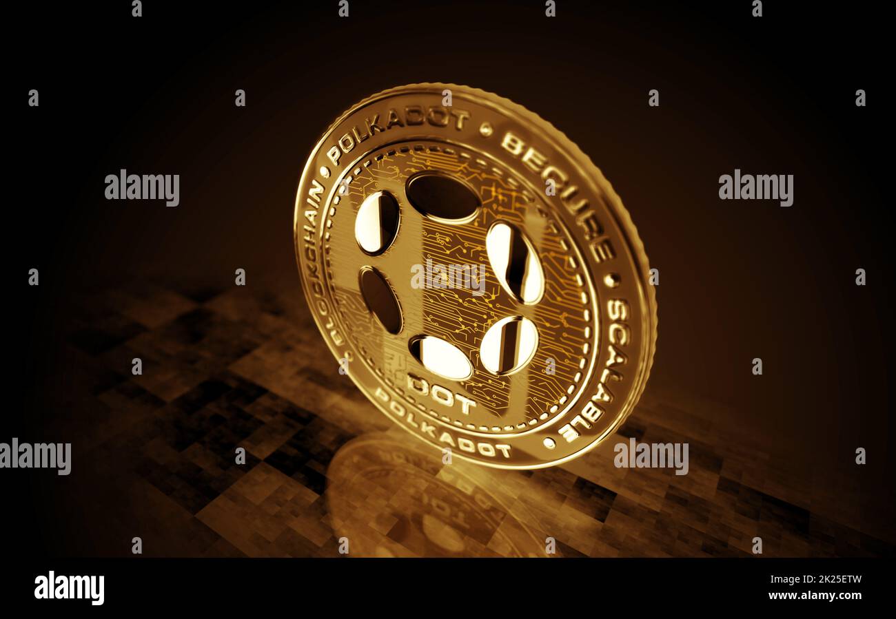 Polkadot DOT cryptocurrency gold coin on green screen background. Abstract concept 3d illustration. Stock Photo