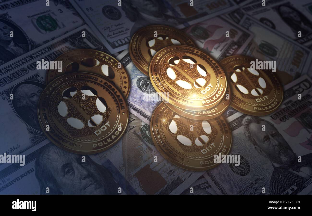 Polkadot DOT cryptocurrency golden coin over Dollar banknotes. Online payment and crypto money transaction abstract concept 3d illustration. Stock Photo