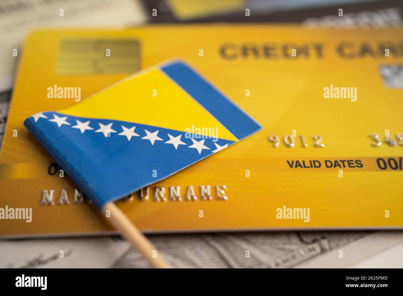 Bosnia and Herzegovina flag on credit card. Finance development, Banking Account, Statistics, Investment Analytic research data economy, Stock exchange trading, Business company concept. Stock Photo