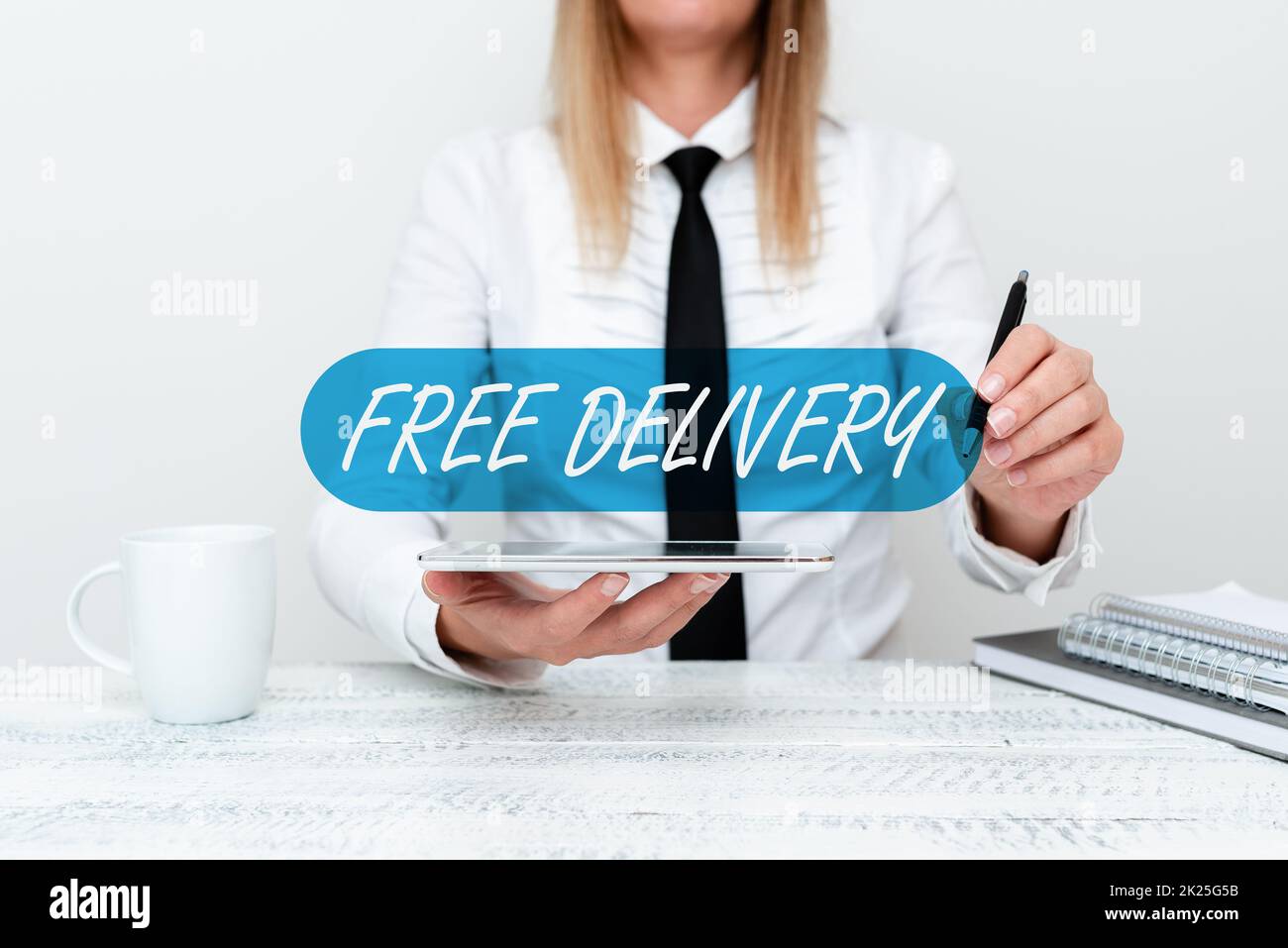 Text showing inspiration Free Delivery. Word for Shipping Package Cargo Courier Distribution Center Fragile Developer Discussing Gadget Upgrade, Presenting Technical Specs Stock Photo