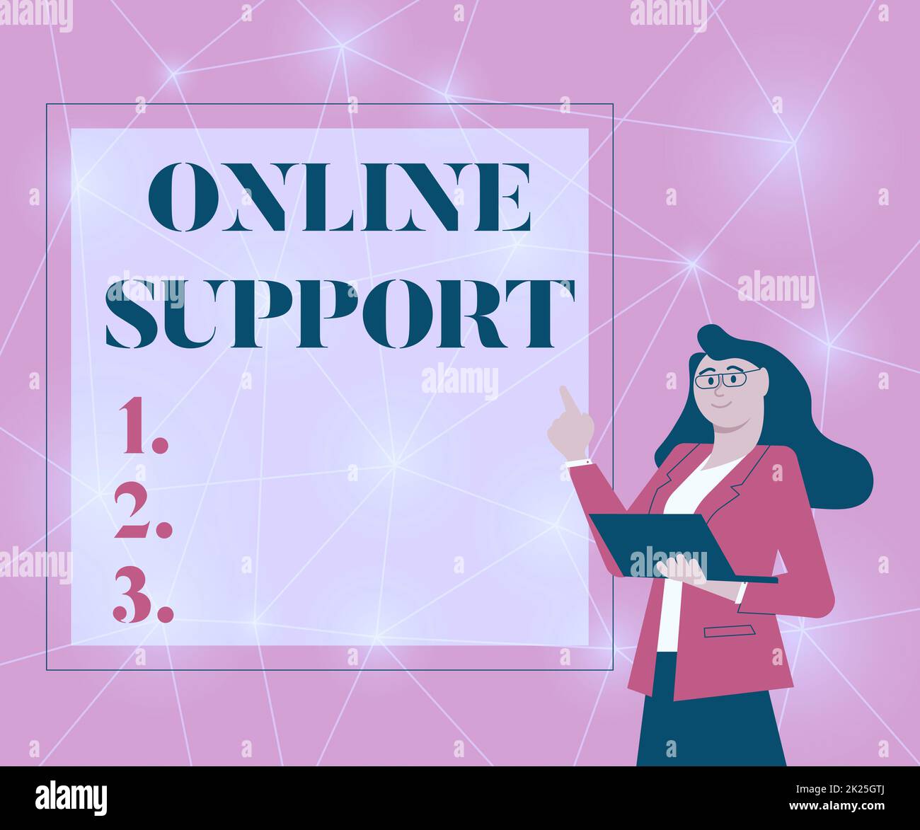 Text caption presenting Online Support. Business overview Assist customers for their complain Electronic interaction Illustration Of Businesswoman Standing Holding Her Laptop Presenting Ideas. Stock Photo