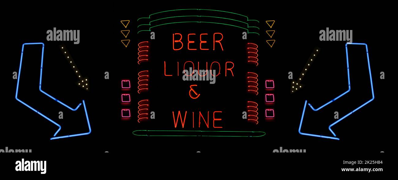 Photo Composite Neon Beer, Liquor and Wine Neon Sign Stock Photo