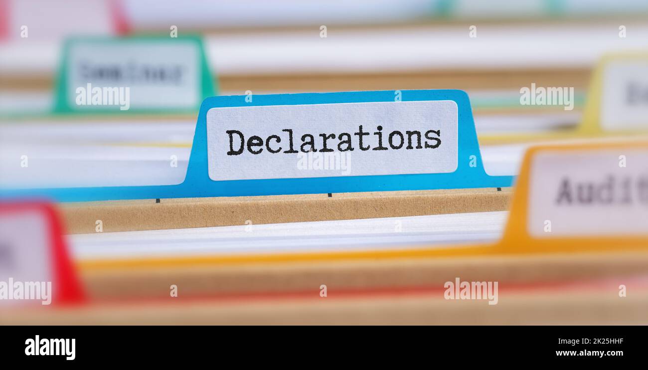 File folders with a tab labeled Declarations Stock Photo