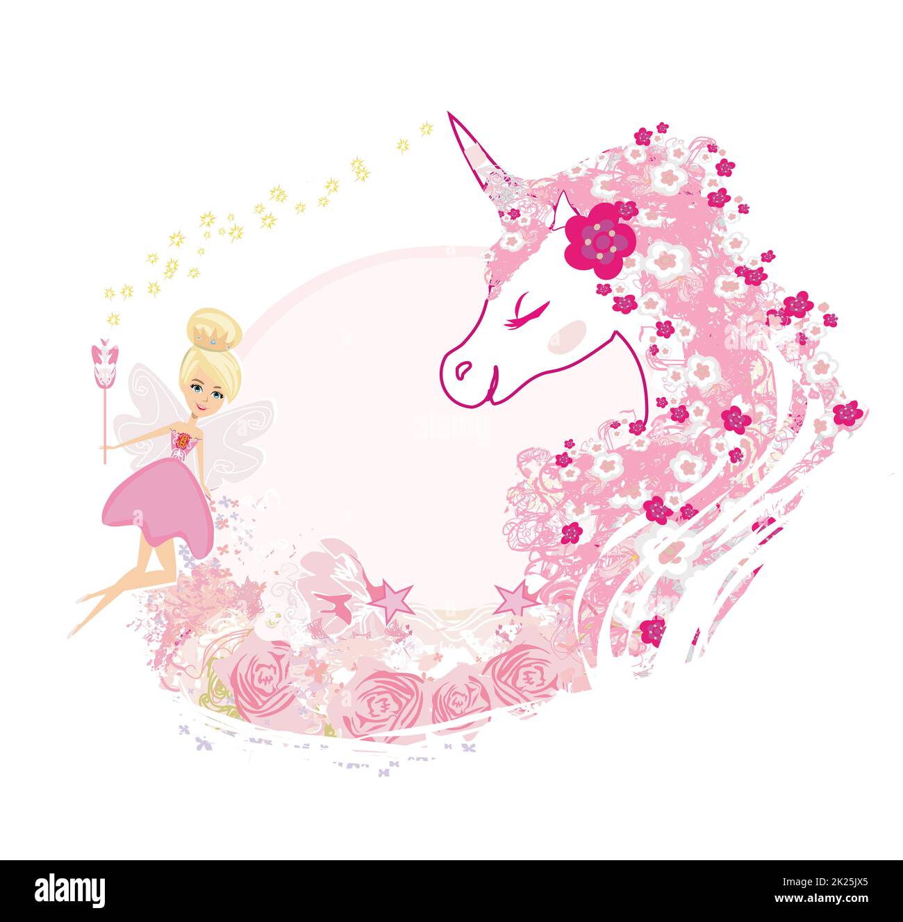 beautiful floral fairy tale frame with fairy and unicorn Stock Photo
