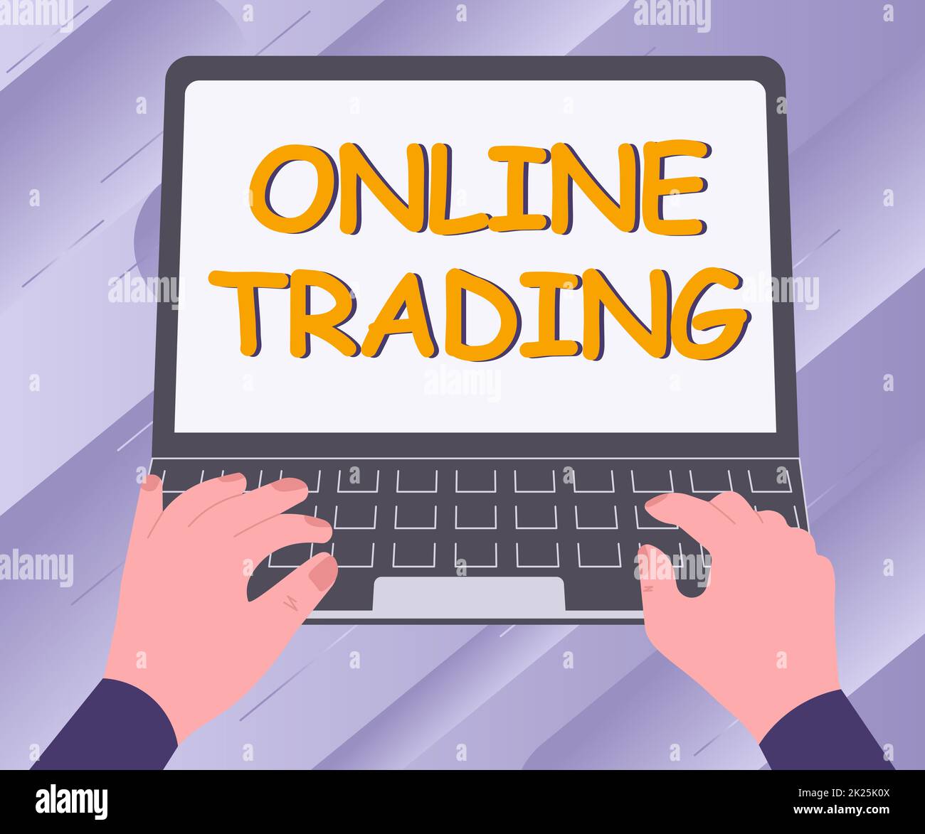 Text sign showing Online Trading. Business idea Buying and selling assets via a brokerage internet platform Illustration Of A Busy Hand Working On Laptop Searching For Ideas. Stock Photo