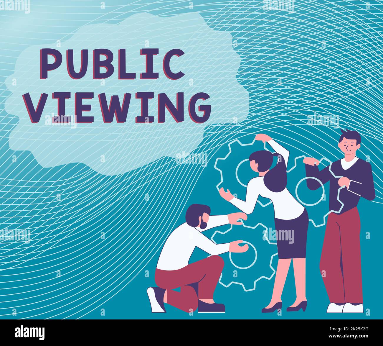 Writing displaying text Public Viewing. Business showcase Able to be seen or known by everyone Open to general view Illustration Of A Group Holding Spur Gear Helping Each For Their Work. Stock Photo