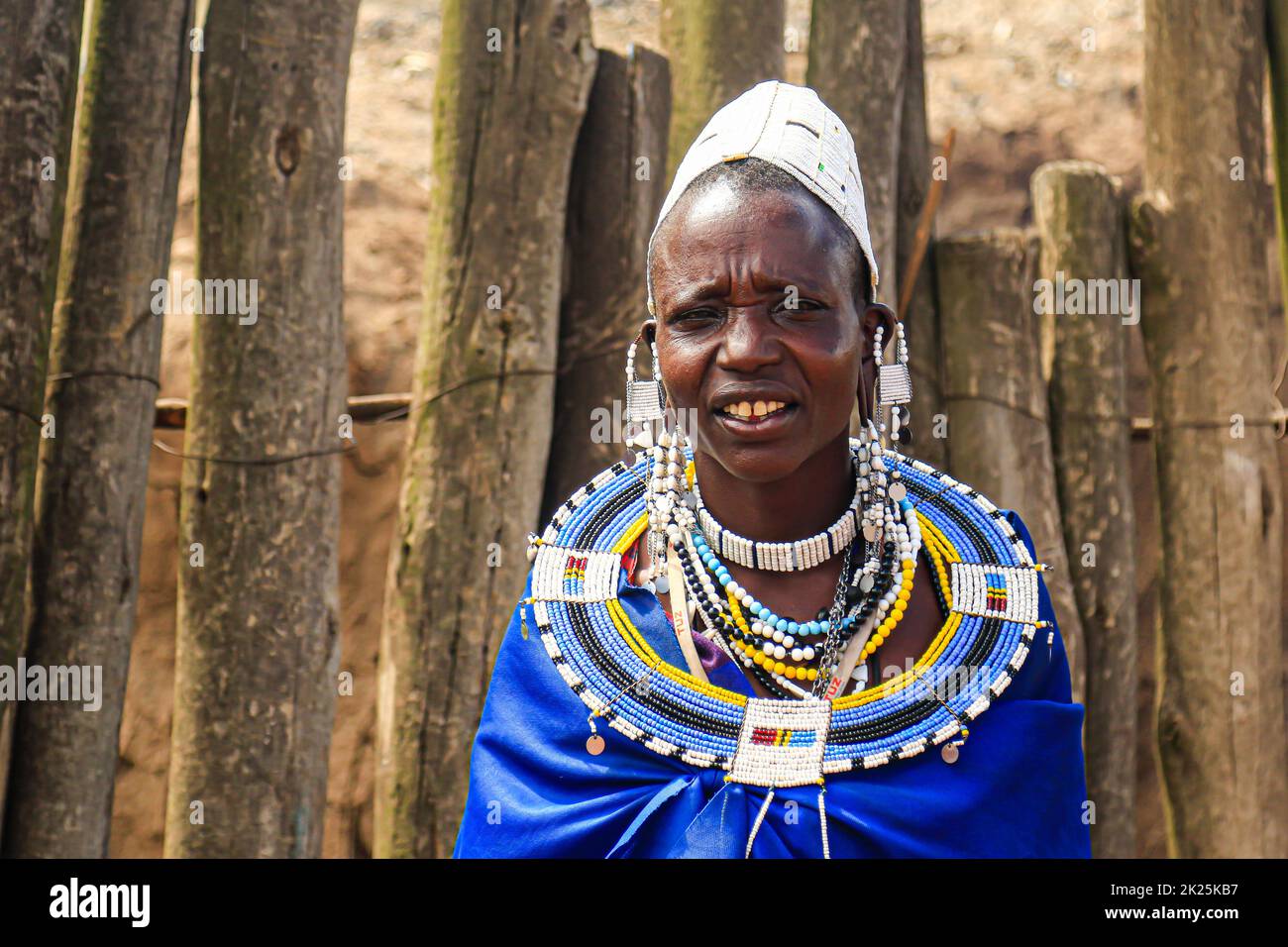 Ngorongoro Conservation Area, Tanzania - 7 November 2017: portrait of tribeswoman of a Masai tribe in a traditional village. Stock Photo