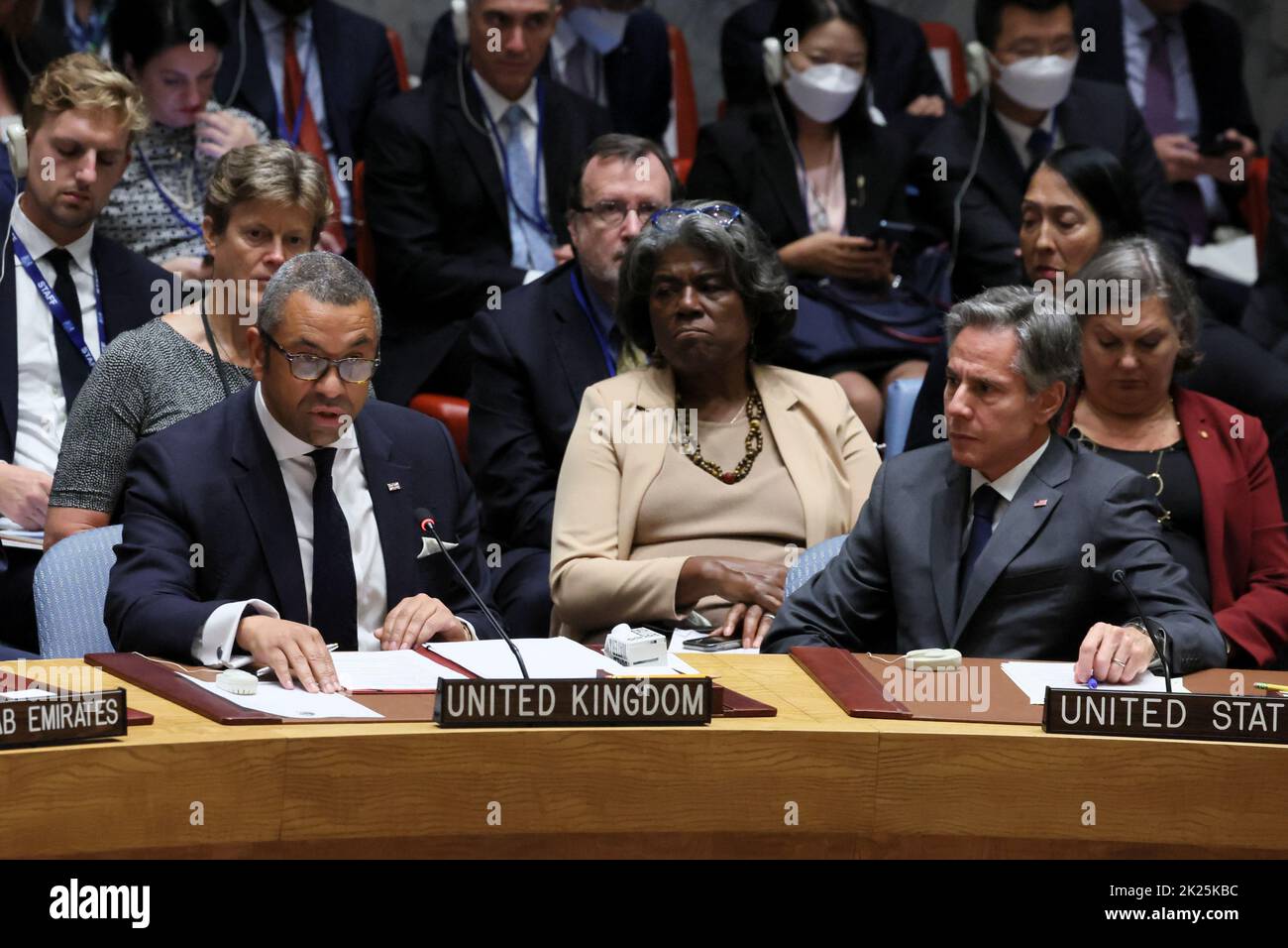 Britain's Foreign Secretary James Cleverly speaks during a high level meeting of the United Nations Security Council on the situation amid Russia's invasion of Ukraine, at the 77th Session of the United Nations General Assembly at U.N. Headquarters in New York City, U.S., September 22, 2022. REUTERS/Brendan McDermid Stock Photo