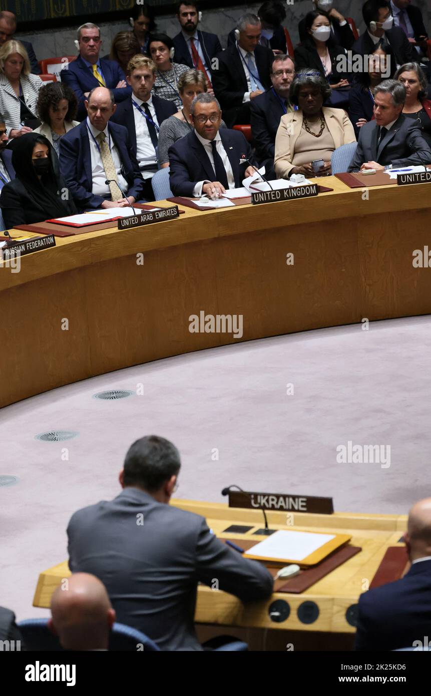 Britain's Foreign Secretary James Cleverly speaks during a high level meeting of the United Nations Security Council on the situation amid Russia's invasion of Ukraine, at the 77th Session of the United Nations General Assembly at U.N. Headquarters in New York City, U.S., September 22, 2022. REUTERS/Brendan McDermid Stock Photo