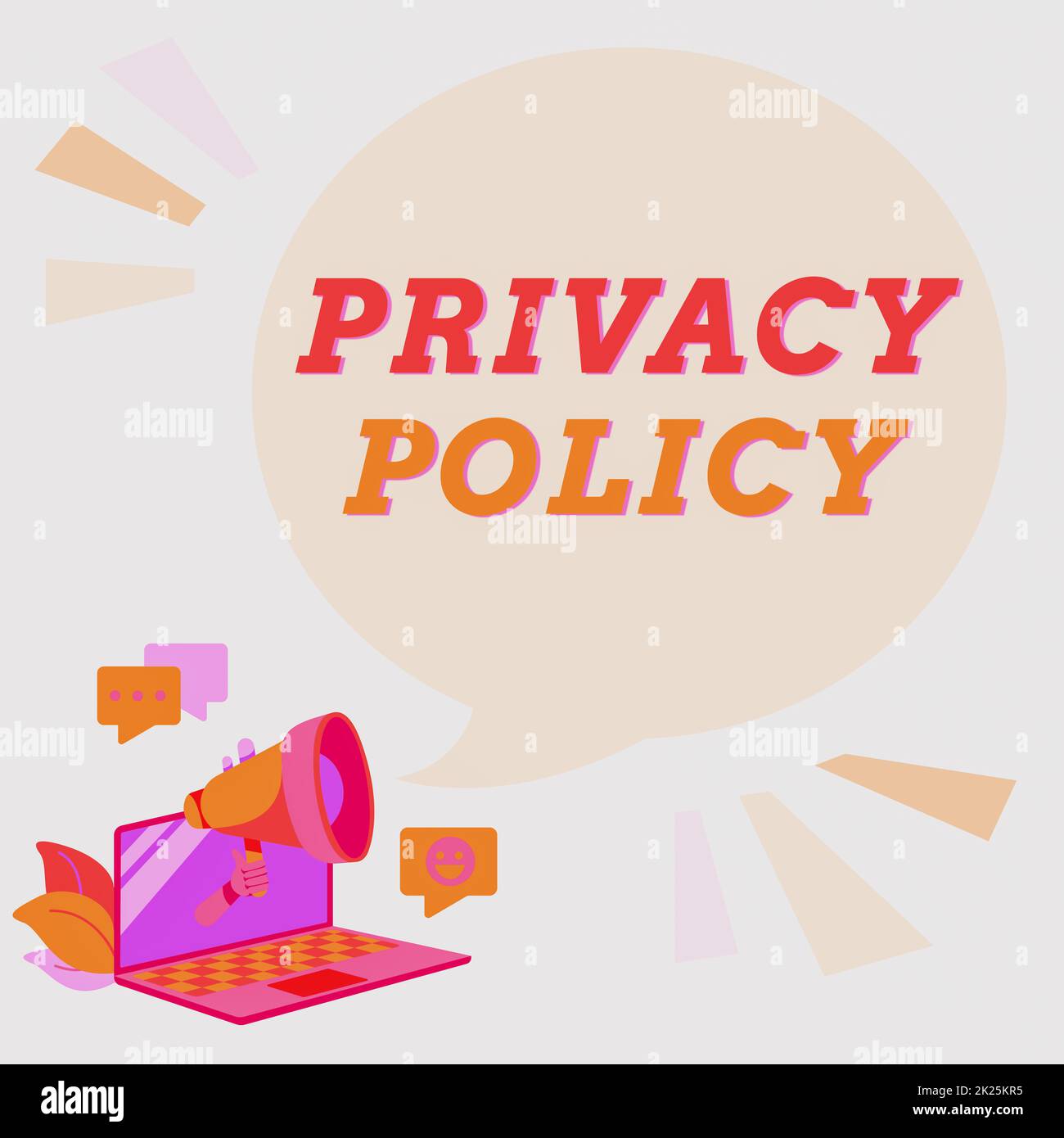 Text caption presenting Privacy Policy. Business showcase Document that explains how an organization handles clients Laptop Drawing Sharing Comments And Reactions At Chat Cloud Over Megaphone. Stock Photo