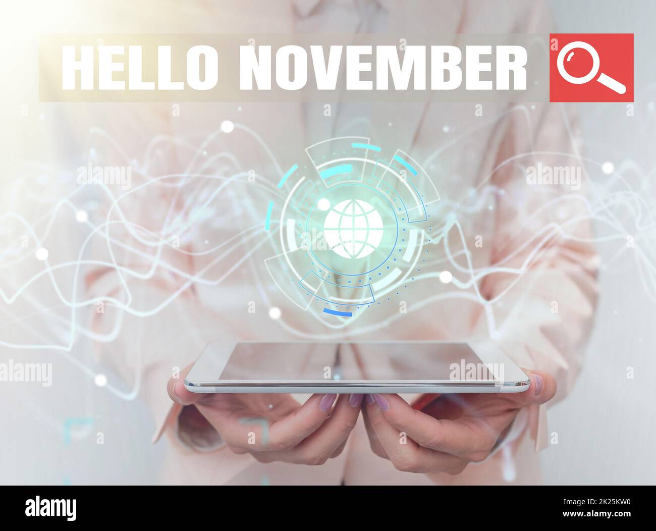 Text sign showing Hello November. Business showcase Welcome the eleventh month of the year Month before December Lady In Uniform Using Futuristic Mobile Holographic Display Screen. Stock Photo