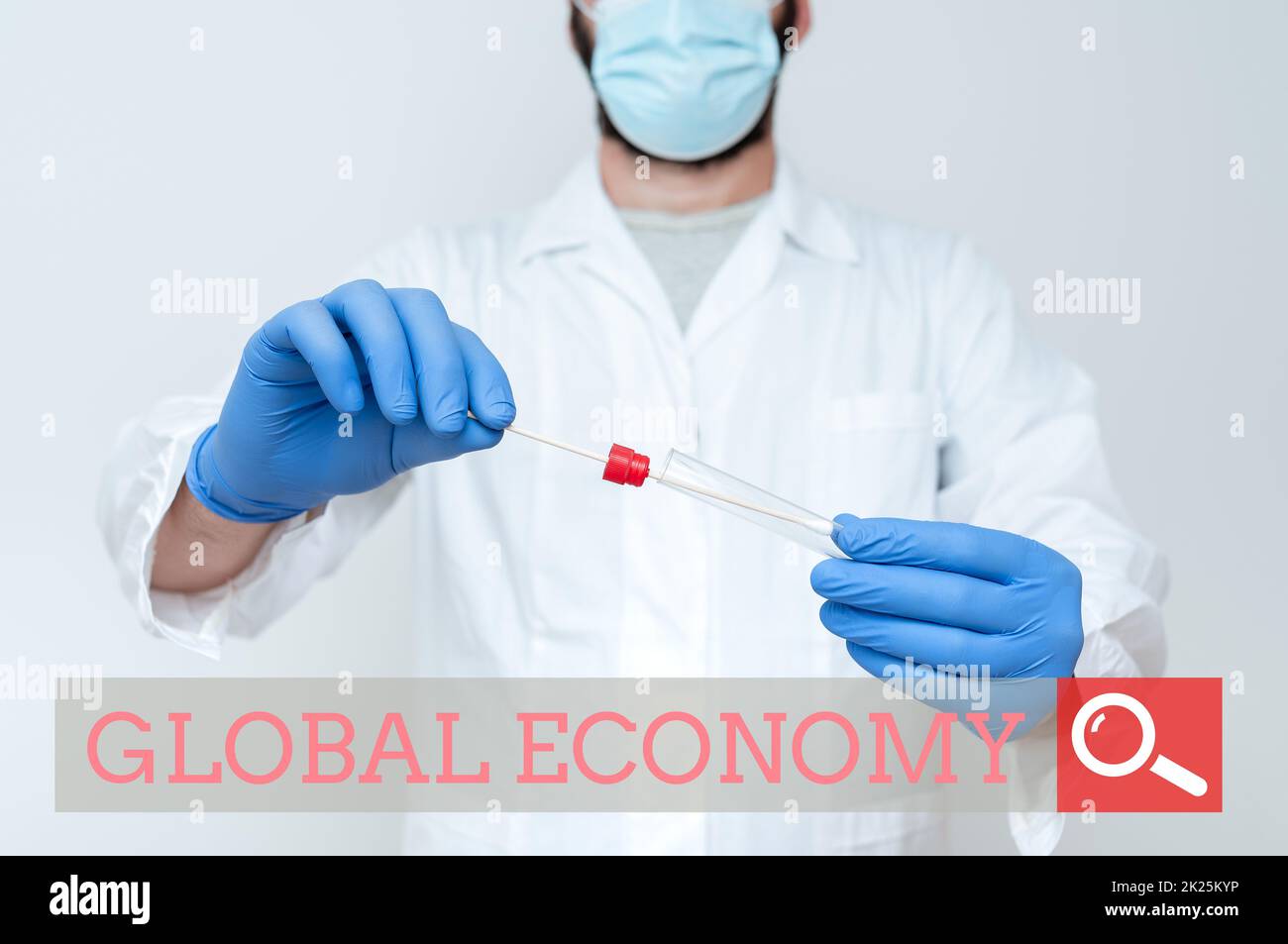 Text showing inspiration Global Economy. Business overview System of industry and trade around the world Capitalism Doctor Explaining Laboratory Test Result, Nurse Gather Specimen For Testing Stock Photo