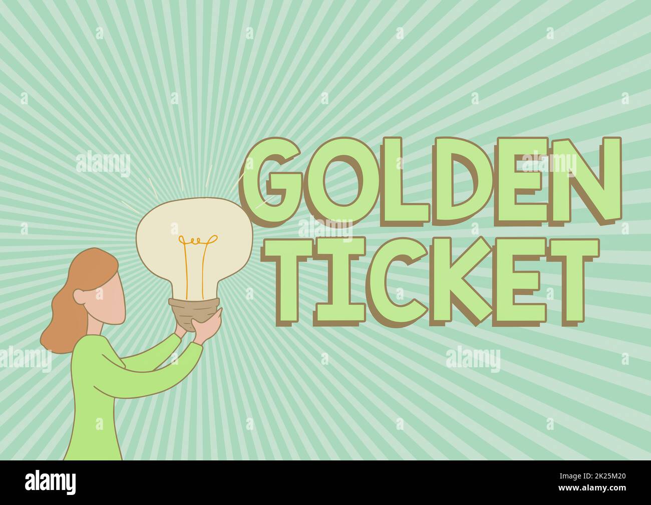 Hand writing sign Golden Ticket. Business showcase Rain Check Access VIP Passport Box Office Seat Event Lady Standing Drawing Holding Light Up Showing New Ideas. Stock Photo