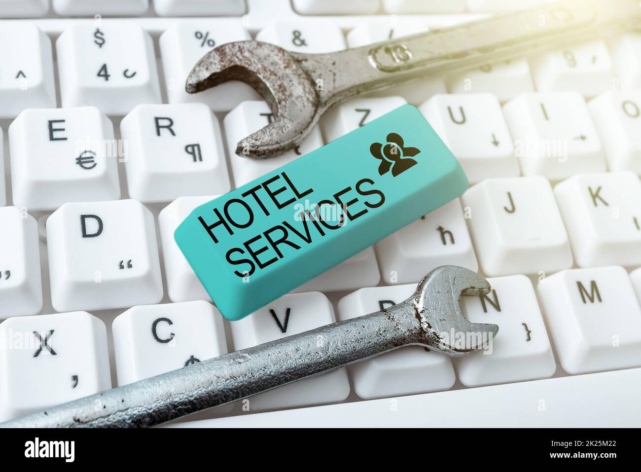 Conceptual caption Hotel Services. Internet Concept Facilities Amenities of an accommodation and lodging house Typing Character Background Story, Creating New Social Media Account Stock Photo