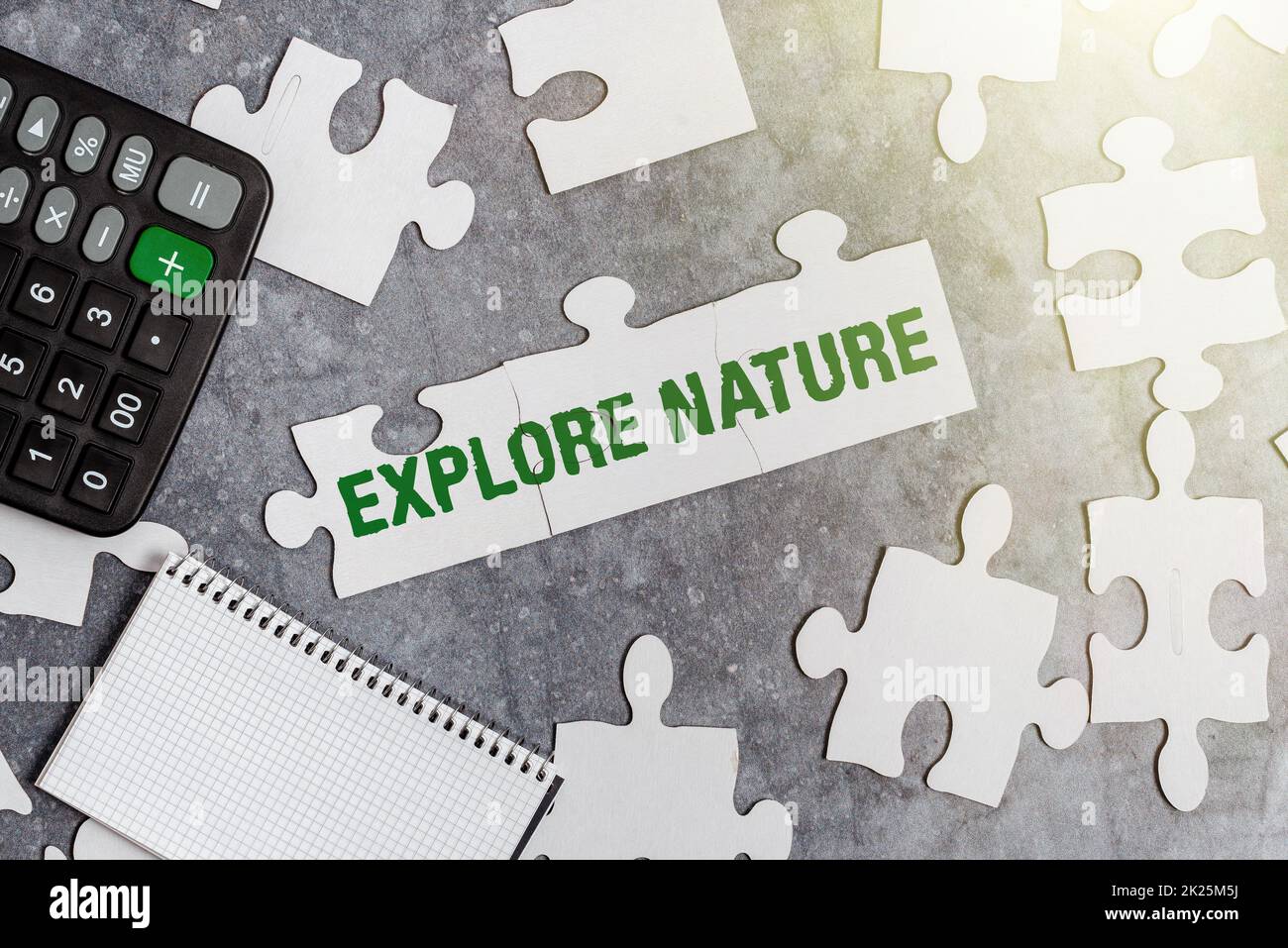 Text caption presenting Explore Nature. Business overview Reserve Campsite Conservation Expedition Safari park Building An Unfinished White Jigsaw Pattern Puzzle With Missing Last Piece Stock Photo