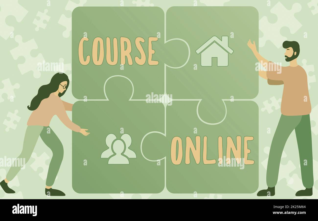 Hand writing sign Course Online. Internet Concept eLearning Electronic Education Distant Study Digital Class Colleagues Drawing Fitting Four Pieces Of Jigsaw Puzzle Together Teamwork. Stock Photo
