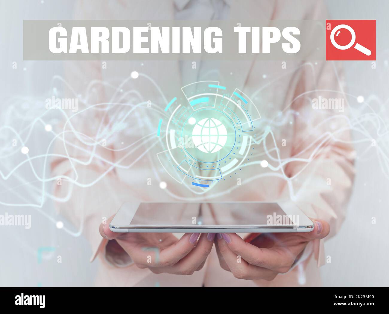 Handwriting text Gardening Tips. Business approach Proper Practices in growing crops Botanical Approach Lady In Uniform Using Futuristic Mobile Holographic Display Screen. Stock Photo