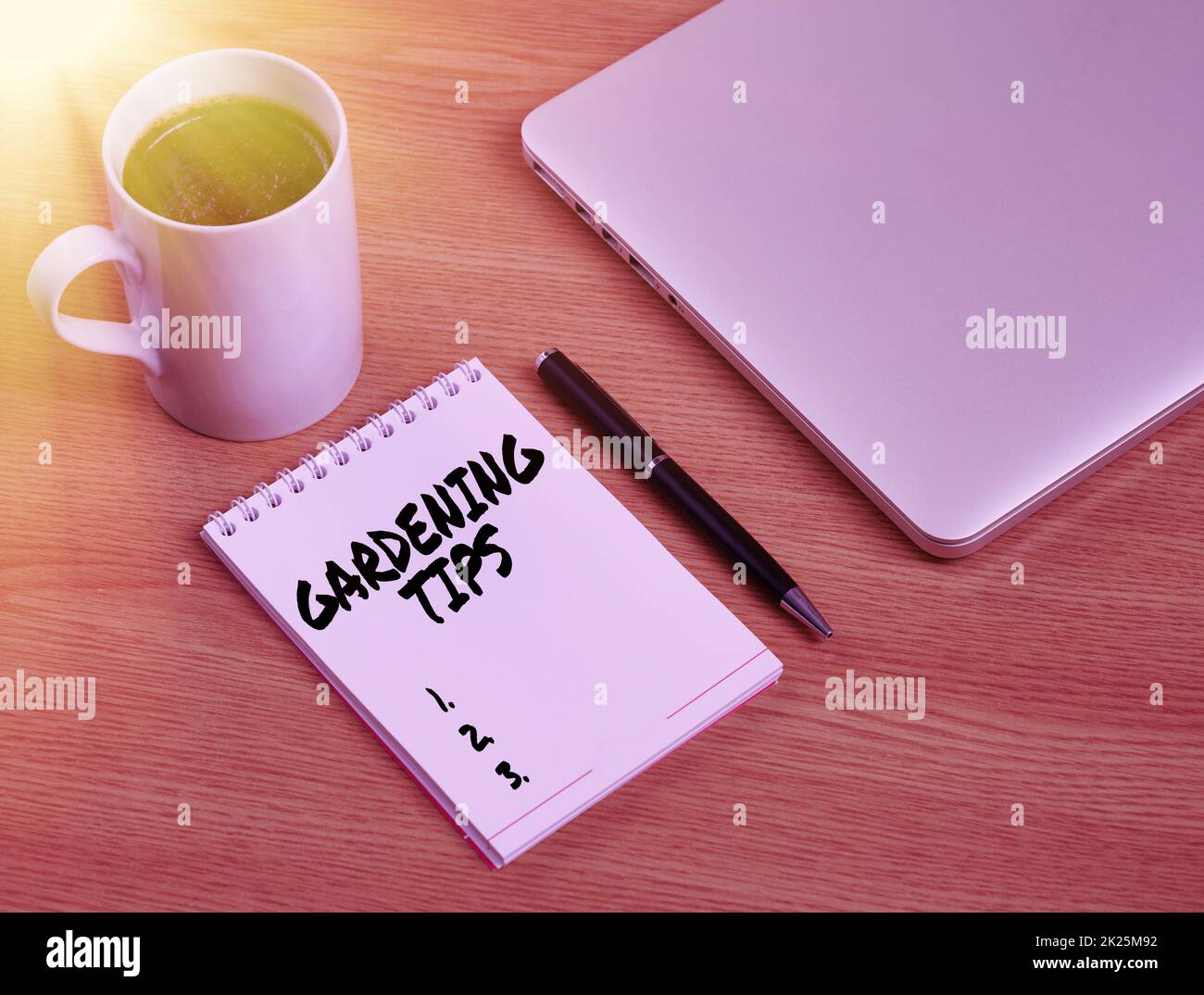 Conceptual display Gardening Tips. Conceptual photo Proper Practices in growing crops Botanical Approach Closed Laptop Beside Empty Journal With Pen And Coffee Mug Over Table. Stock Photo