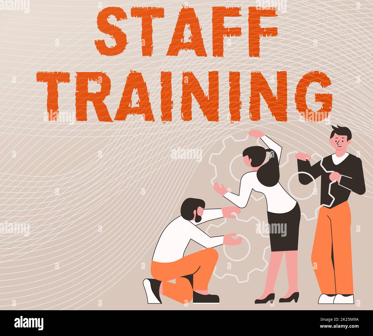 Handwriting text Staff Training. Business approach A program that helps employees to learn specific knowledge Illustration Of A Group Holding Spur Gear Helping Each For Their Work. Stock Photo