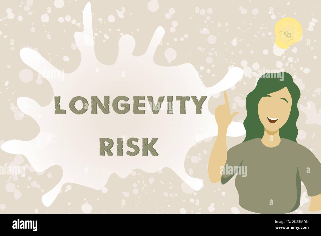 Text sign showing Longevity Risk. Business idea Potential threat due to increasing lifespan of pensioners Lady Illustration Discovery New Idea Lamp With Speech Bubble. Stock Photo