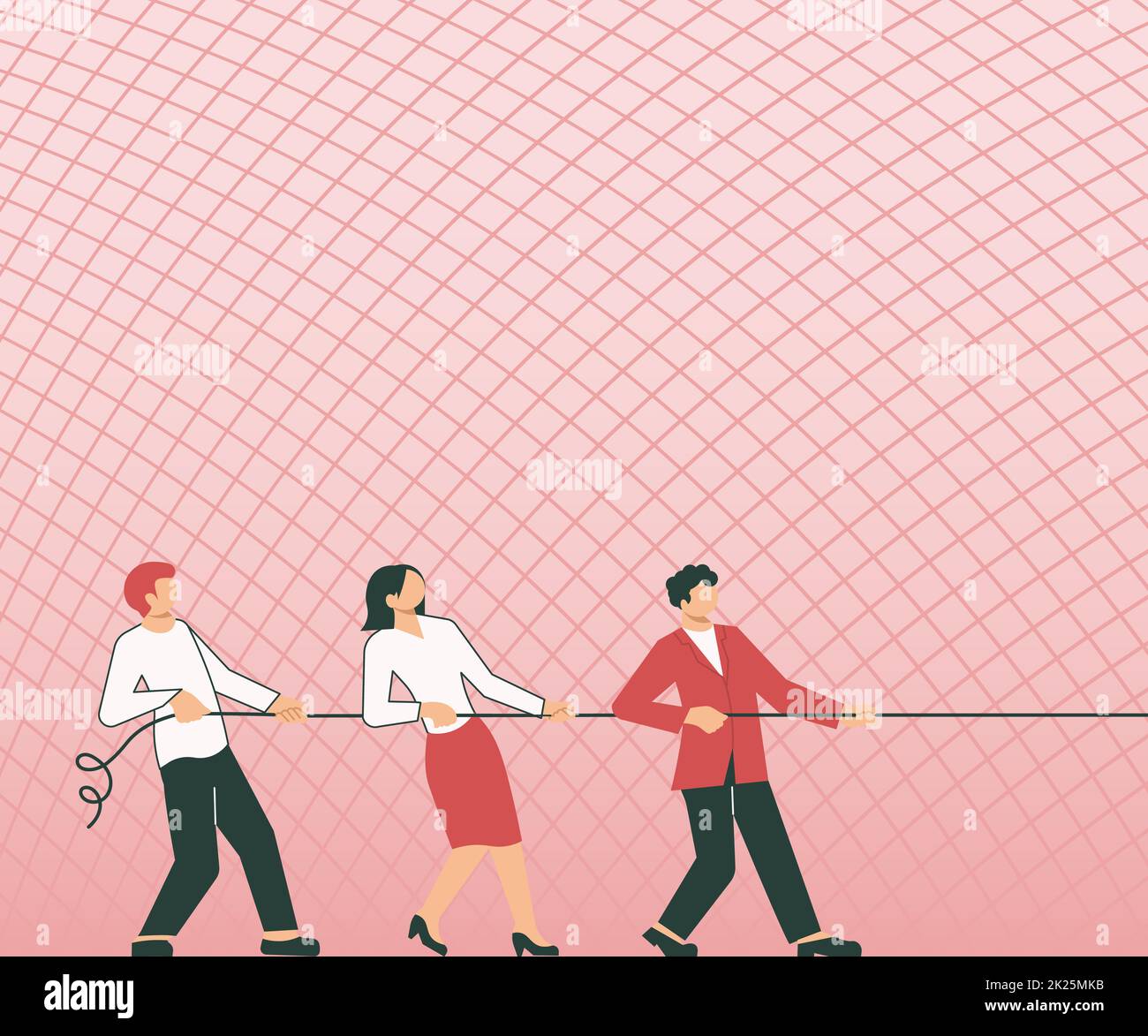 Three Colleagues Pulling Rope Together Presenting Teamwork Success Plans. Partners Grabbing Line Showing Meaning Of Harmony At Office Reaching Targets. Stock Photo