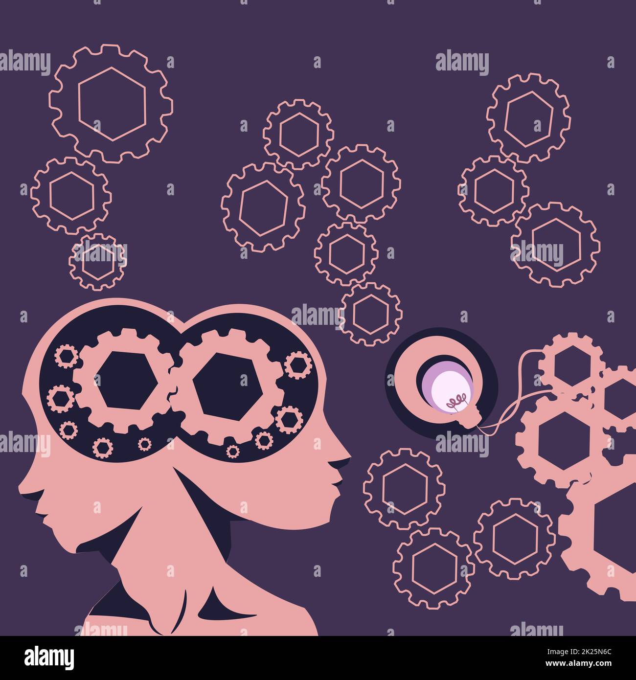 Two Heads With Cogs Showing Technology Ideas. Gears In Brain Symbols Design Displaying Mechanical And Technical Idea. Stock Photo