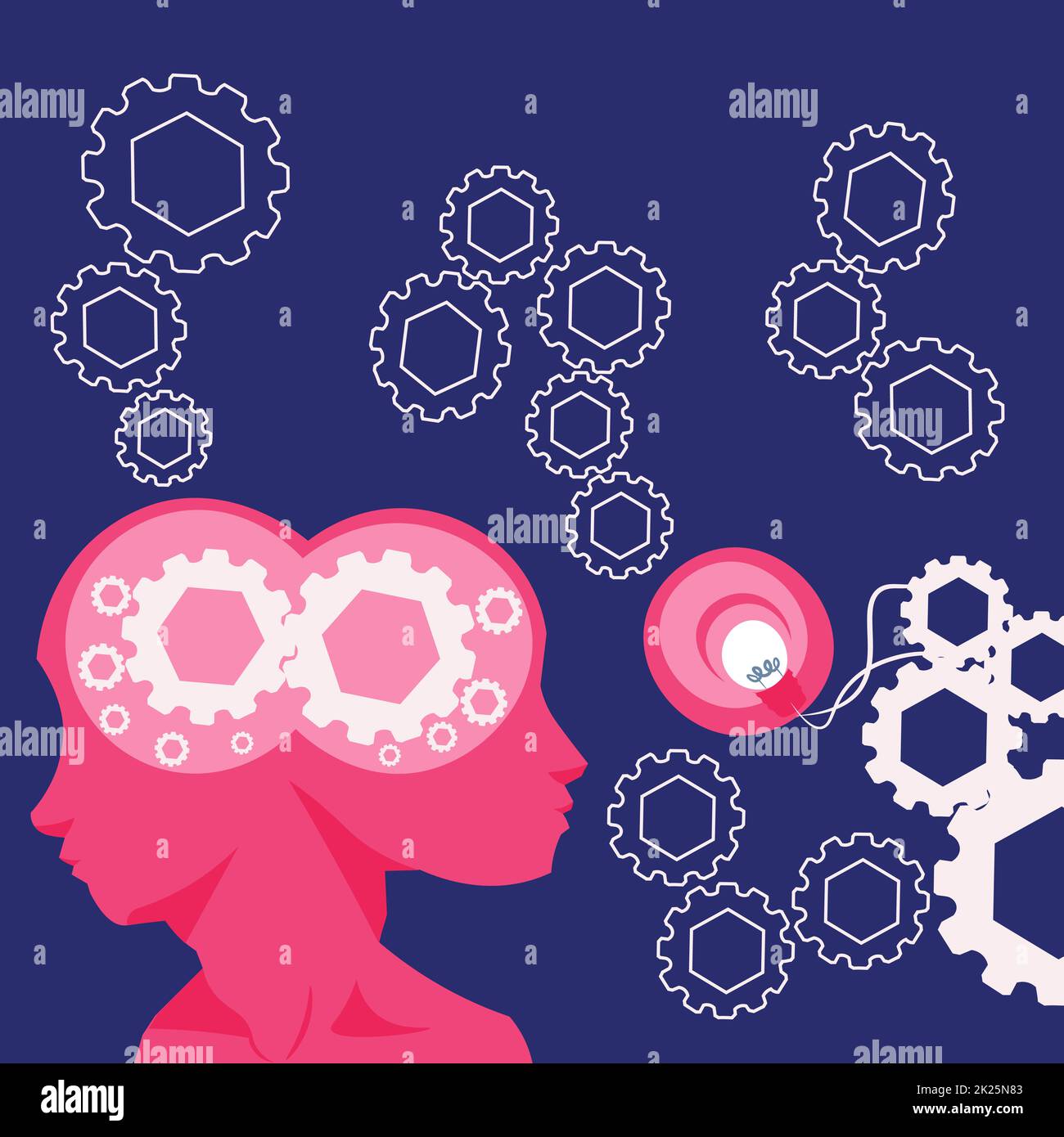 Two Heads With Cogs Showing Technology Ideas. Gears In Brain Symbols