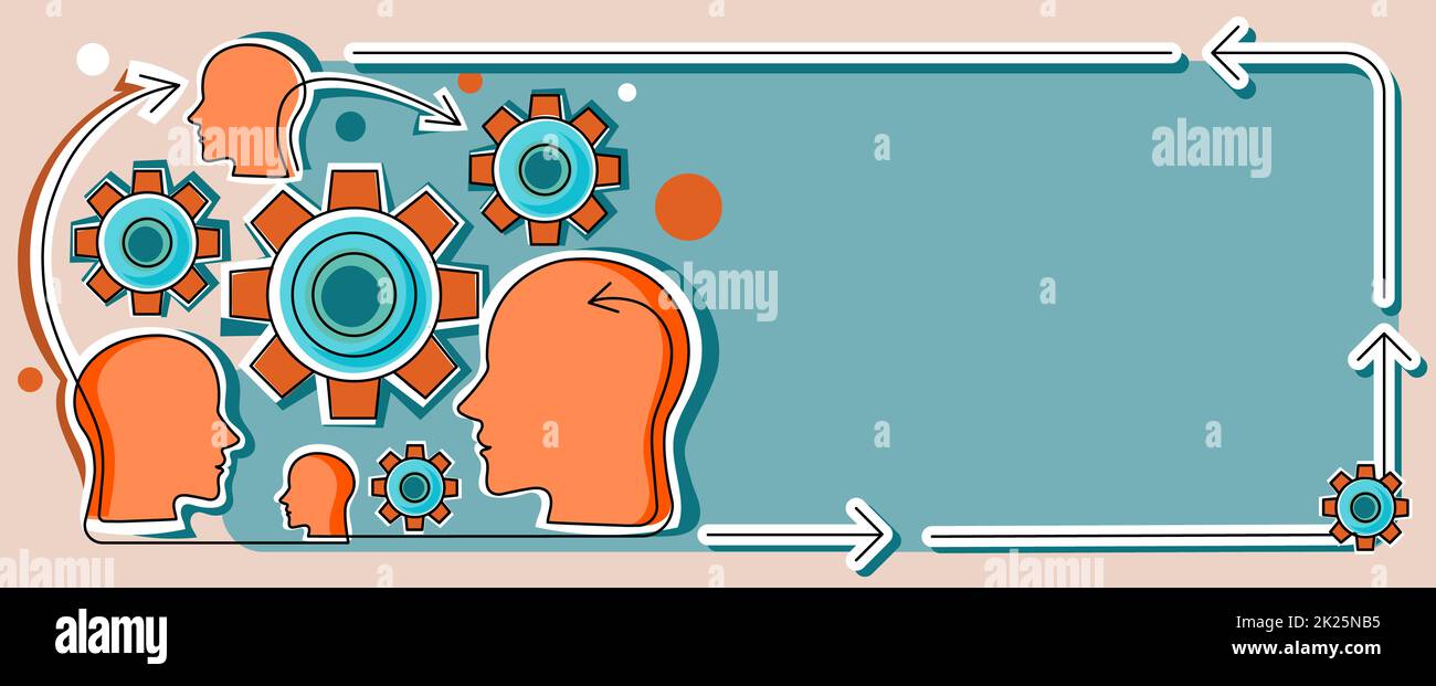 Multiple Heads With Cogs Showing Technology Ideas. Gears In Brain Symbols Design Displaying Mechanical And Technical Idea. Stock Photo