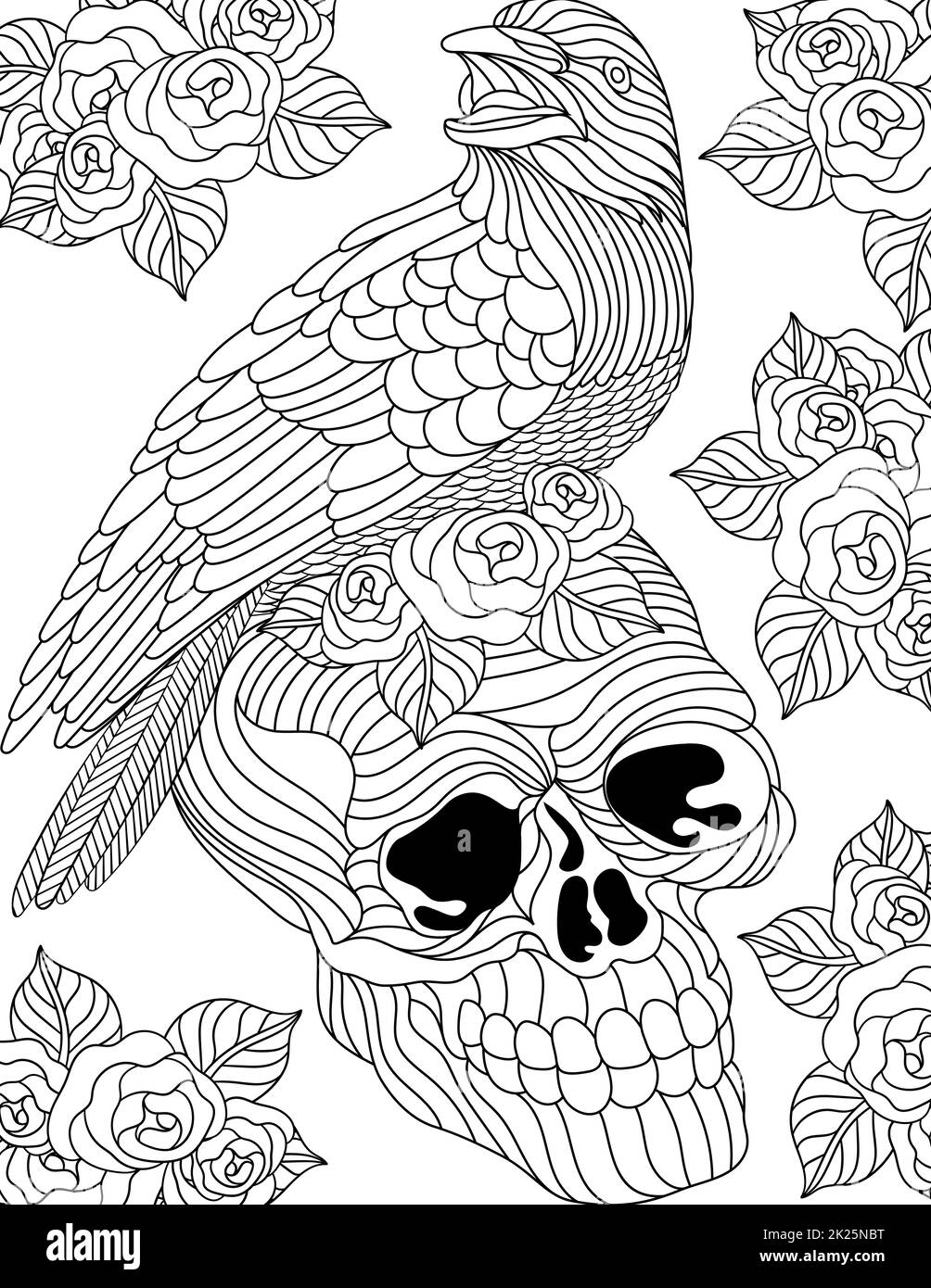 Raven Line Drawing Standing On Skull Surreounded With Flowers Tattoo Coloring Book Stock Photo