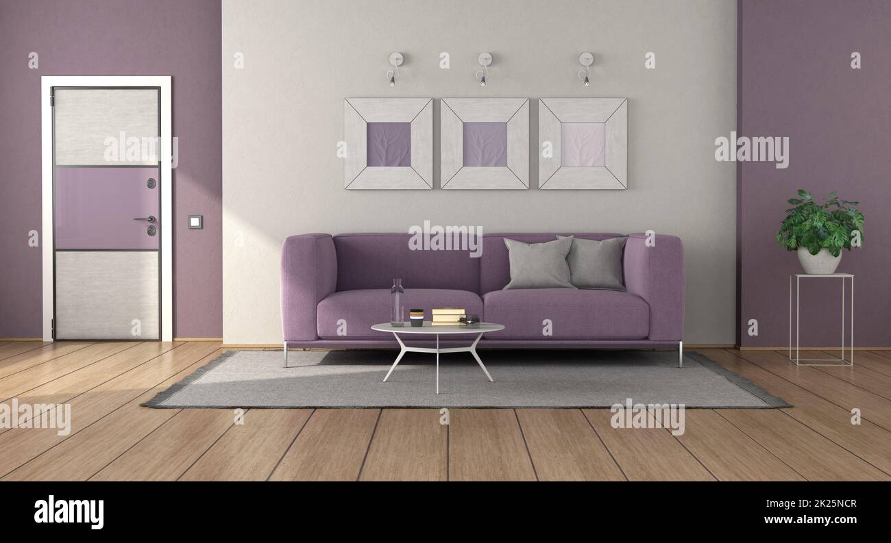 White and purple modern living room Stock Photo - Alamy