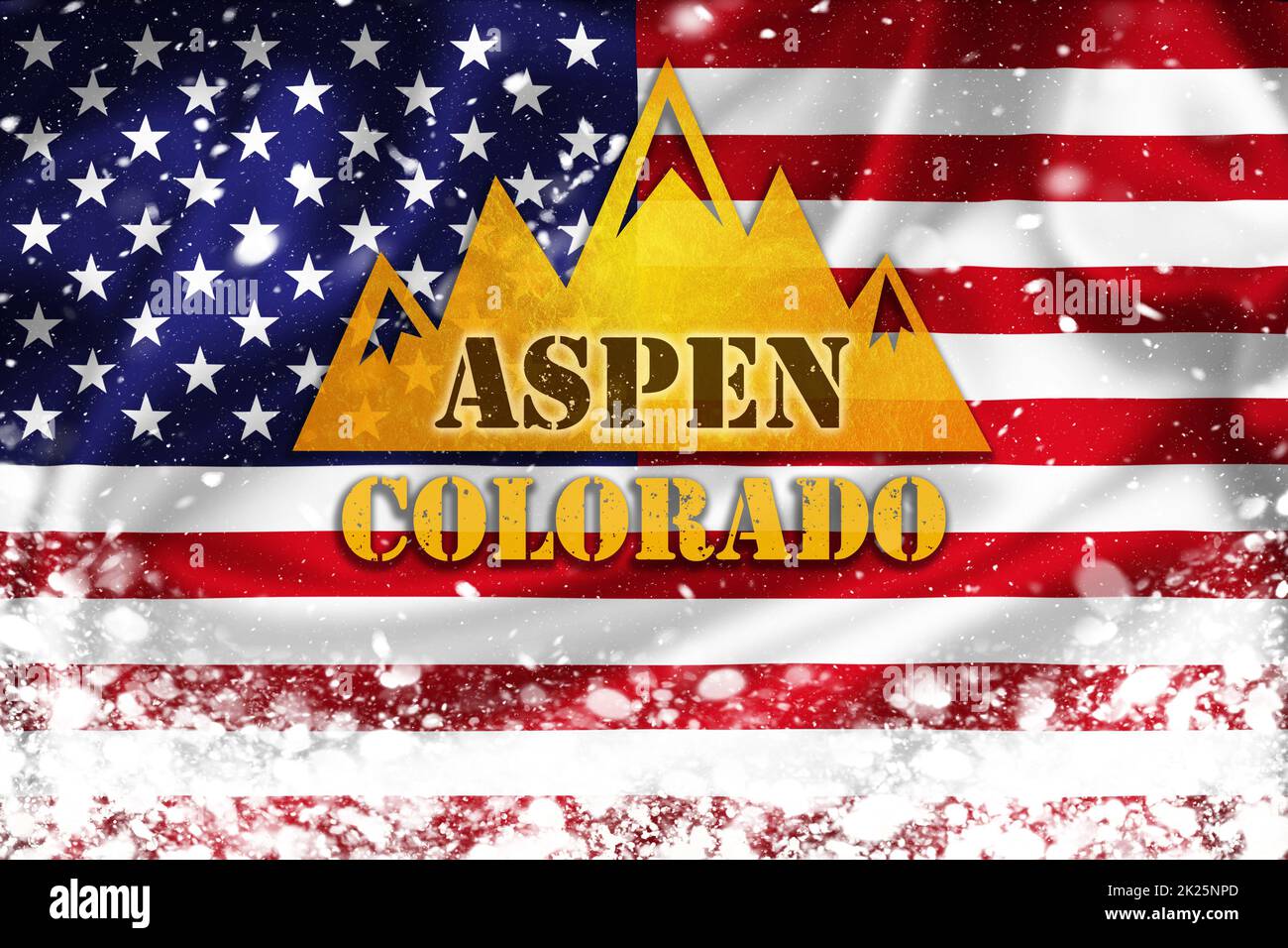 Aspen Colorado banner illustration on US flag and snow layer Stock Photo