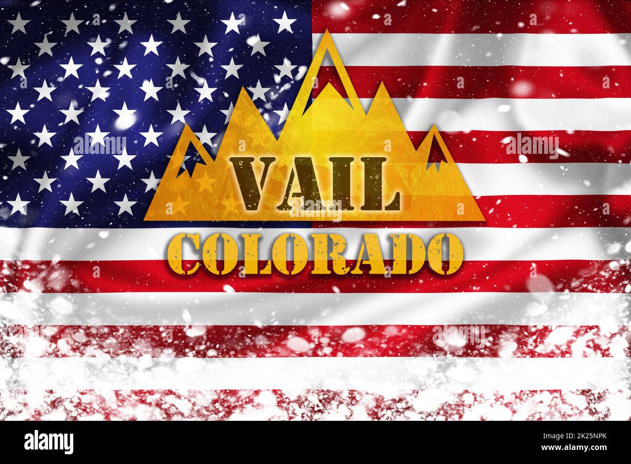 Vail Colorado banner illustration on US flag and snow layer Stock Photo