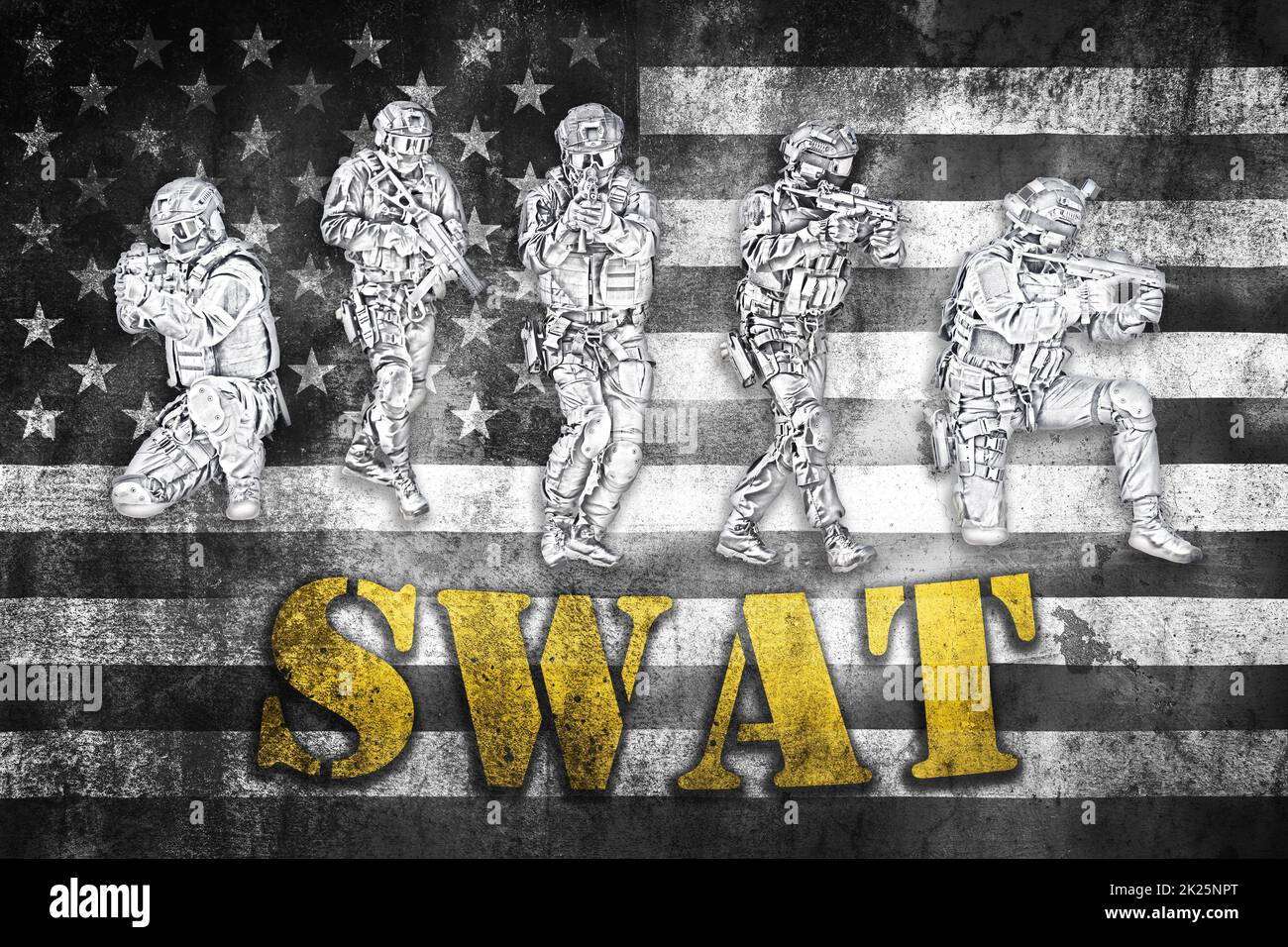 Special forces tactical team in action illustration on US flag, unmarked and unrecognizable swat team Stock Photo