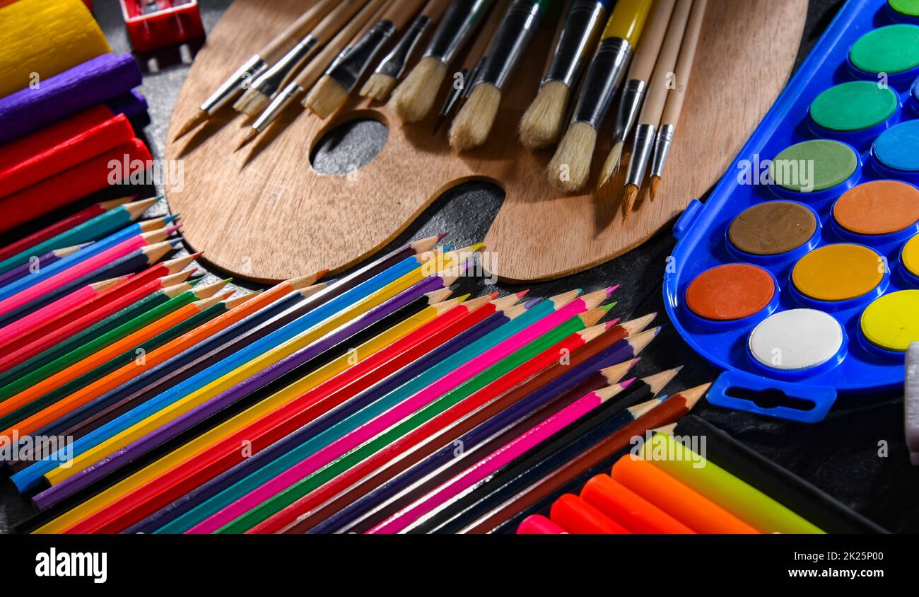 Composition with school accessories for painting and drawing Stock Photo -  Alamy